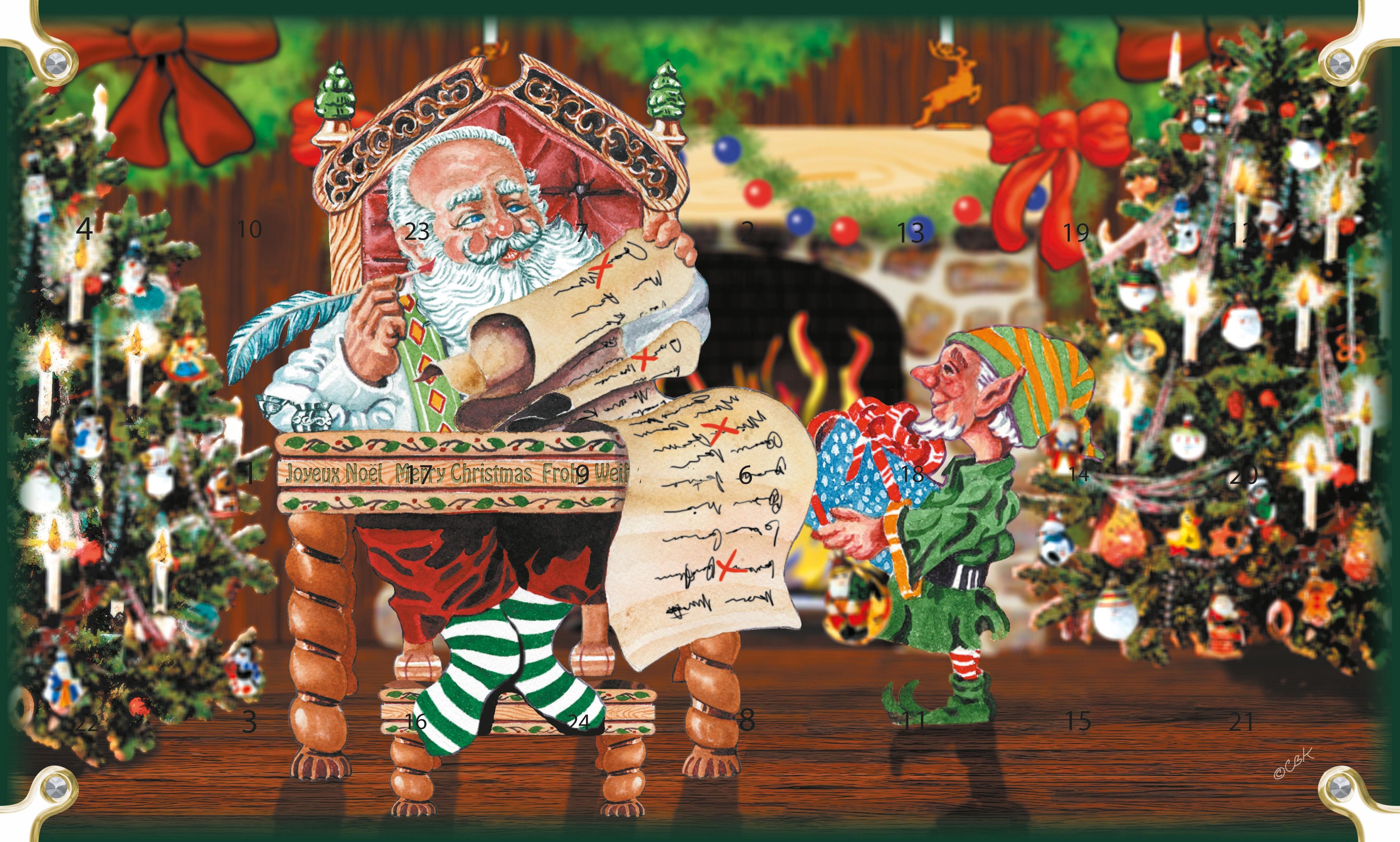 Krebs Glas Lauscha Adventskalender Weihnachtsmann mit Liste - 24 Glasanhänger - ca. 3 cm, Jeden Tag ein neues Schmuckstück für den Weihnachtsbaum