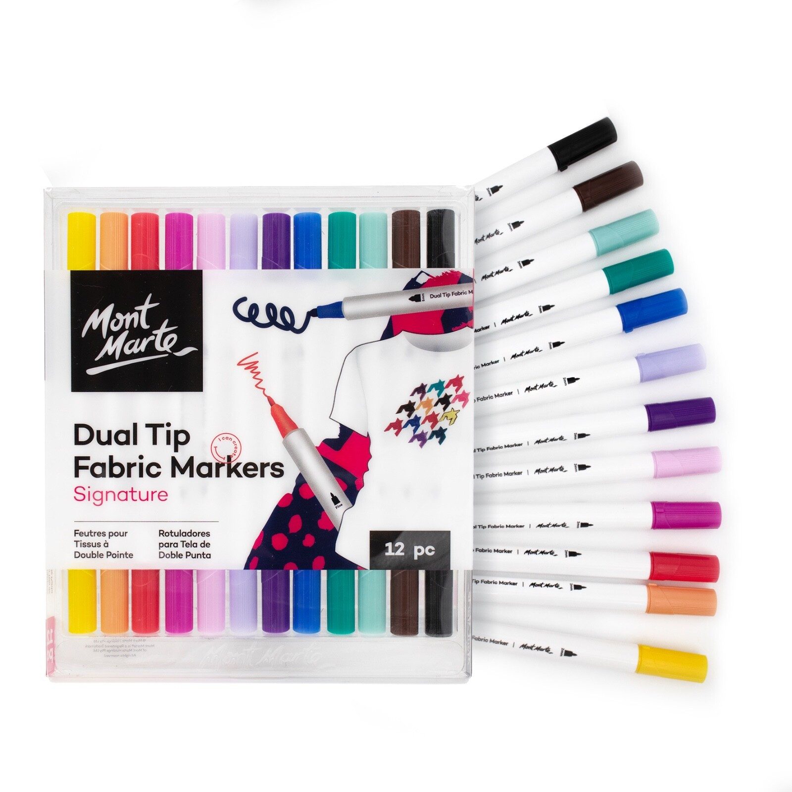 Mont Marte Textilmarker Set 12 Farben – Dual Tip Stoffstifte mit 2 mm & 5 mm Spitze, (Set, 12-tlg., unterschiedene Farben für kreatives Arbeiten auf Textilien), Textilstifte zum Bemalen von T-Shirts, Stofftaschen & Textilien, DIY