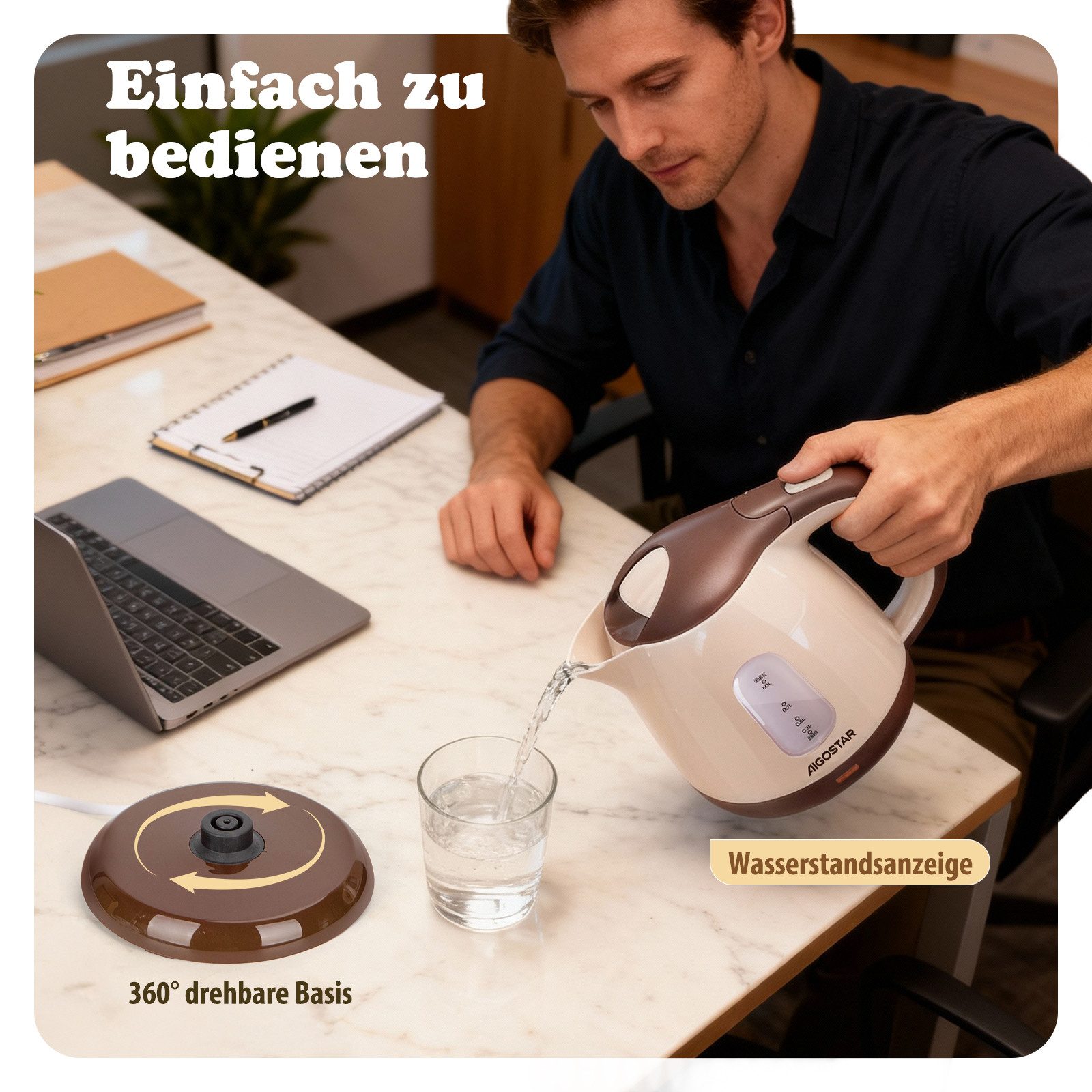 Aigostar Wasserkocher Mini Wasserkocher Klein 1L, Reisewasserkocher mit Abnehmbarer Filter, 1 l, 1100,00 W, BPA-Frei, Niedriger Stromverbrauch, Kompakt & Leicht – Bild 5 von 5