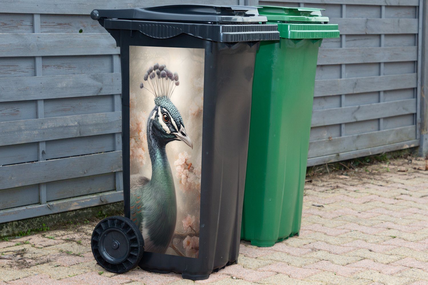 Sticker, Pfau Botanisch Vögel Abfalbehälter St), - Container, - Wandsticker Mülleimer-aufkleber, Blumen MuchoWow - (1 Mülltonne, Baum -