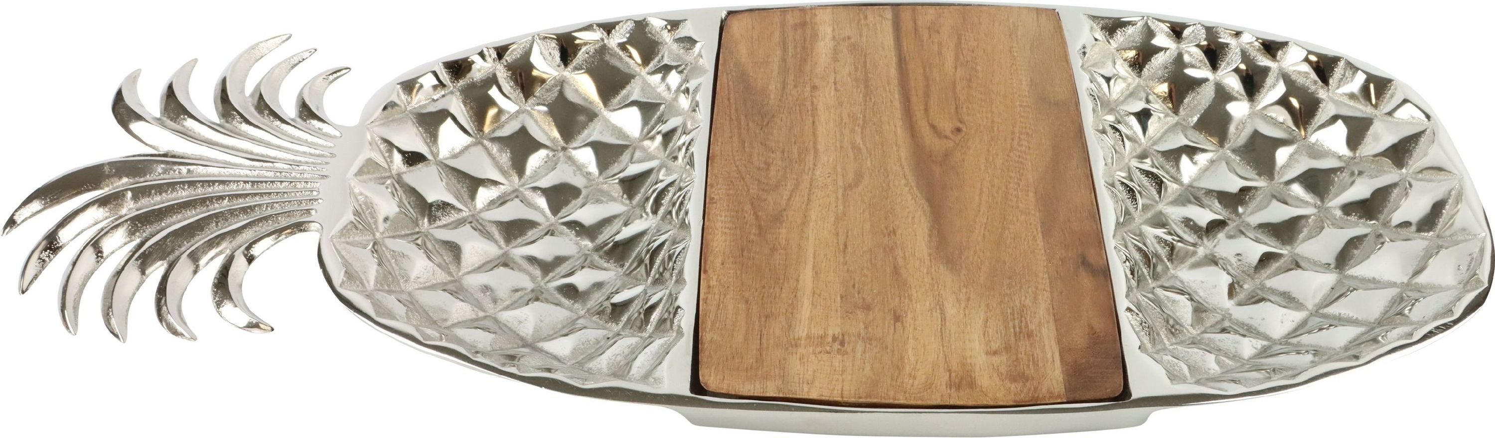 FURNARO Servierplatte, Aluminium vernickelt, Mangoholz, in Ananasform mit integriertem Holzbrett aus Mangoholz 63x26x6cm