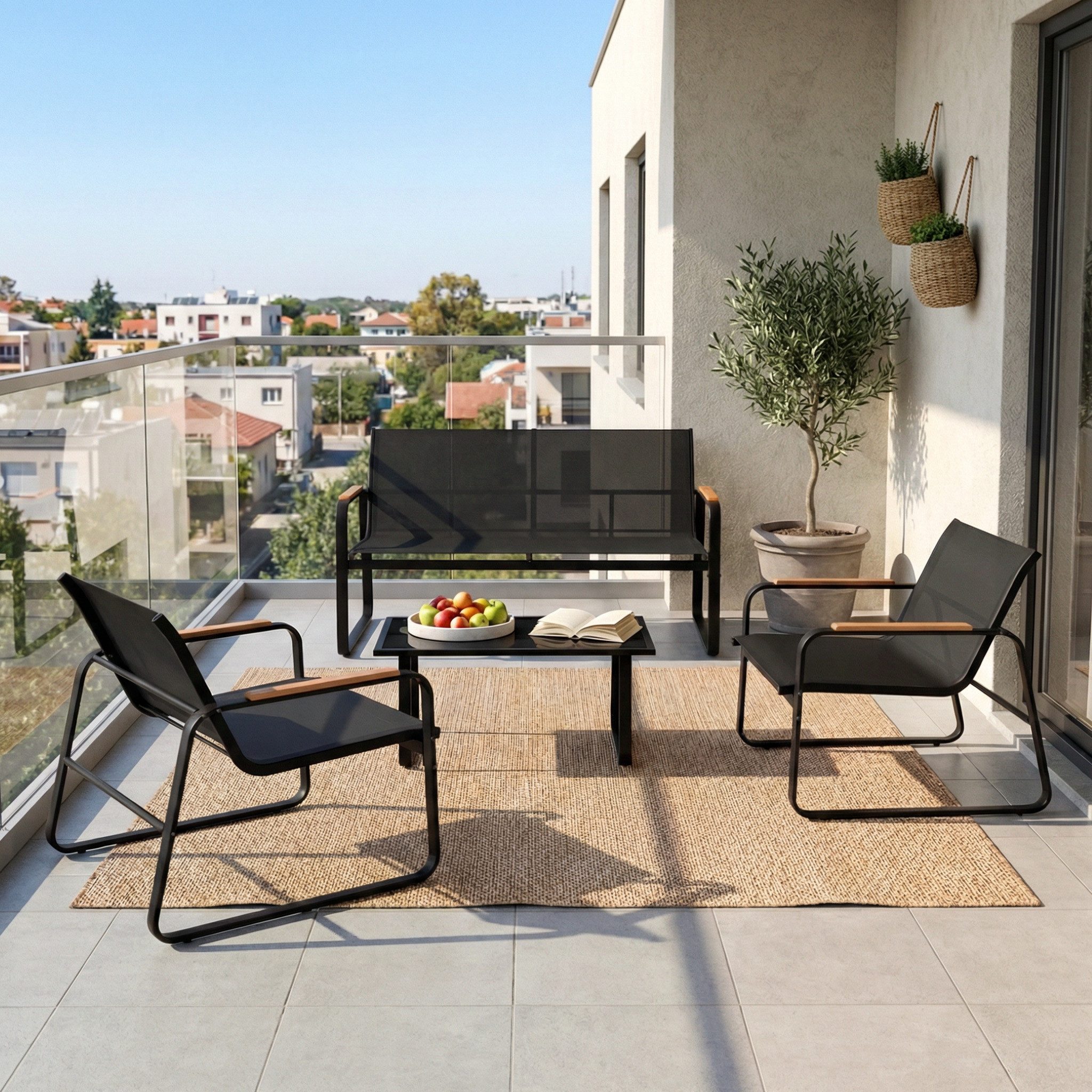 Mondeer Balkonset Gartenmöbel Set 4-tlg, (1 Tisch mit 1 Doppelstuhl 2 Einzelstühlen), Mesh-Gewebe & Holz-Kunststoff-Armlehnen, Schwarz