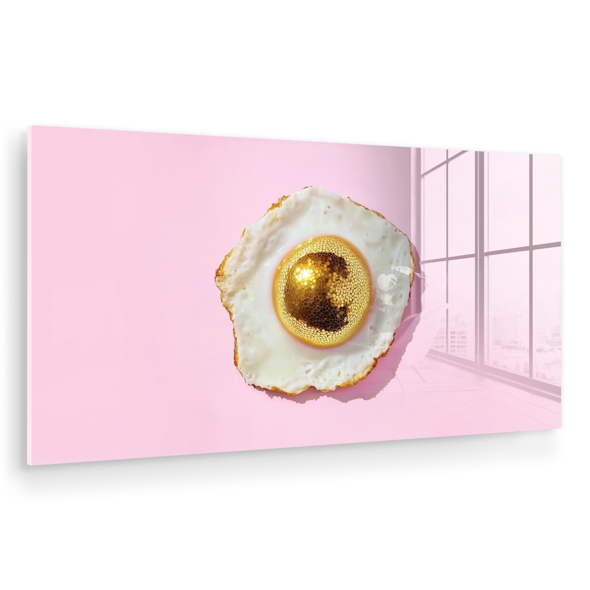 MuchoWow Acrylglasbild Ei - Disco - Frühstück - Glitzer, Inkl. Aufhängung, Glasbildern Wohnzimmer & Schlafzimmer XL, 120x60 cm