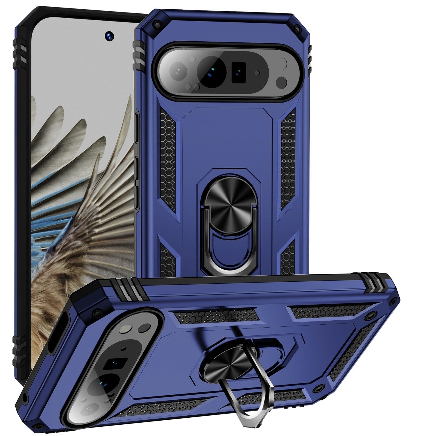 Handyhülle Für Google Pixel 9 Pro XL Armor Magnet Ring TPU Cover Hülle Case Blau