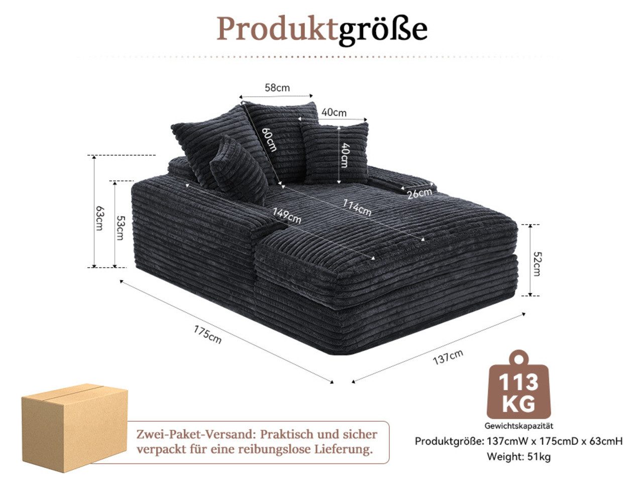 DEKKETO Schlafsofa Große Cord Cloud Couch 175x137cm – einteiliges Schaumstoff-Sofa, 1 Teile, mit breiten ArmlehnenKomplettes 4-Kissen-Set, ohne Montage – Bild 2 von 5
