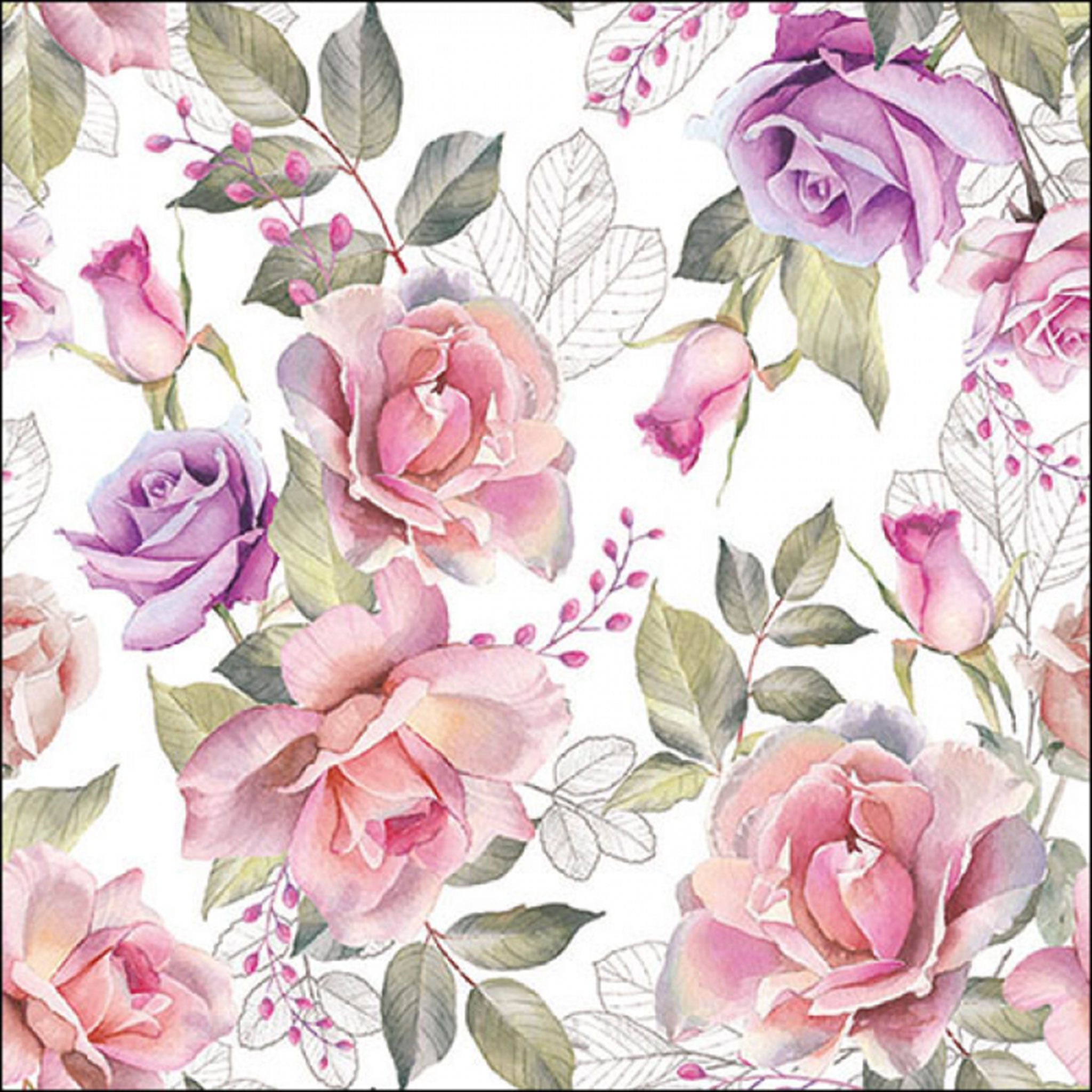 Ambiente Luxury Paper Products Papierserviette, Servietten Papier 33x33cm 3-lagig mit Aquarellrosen Motiv 20 Stück