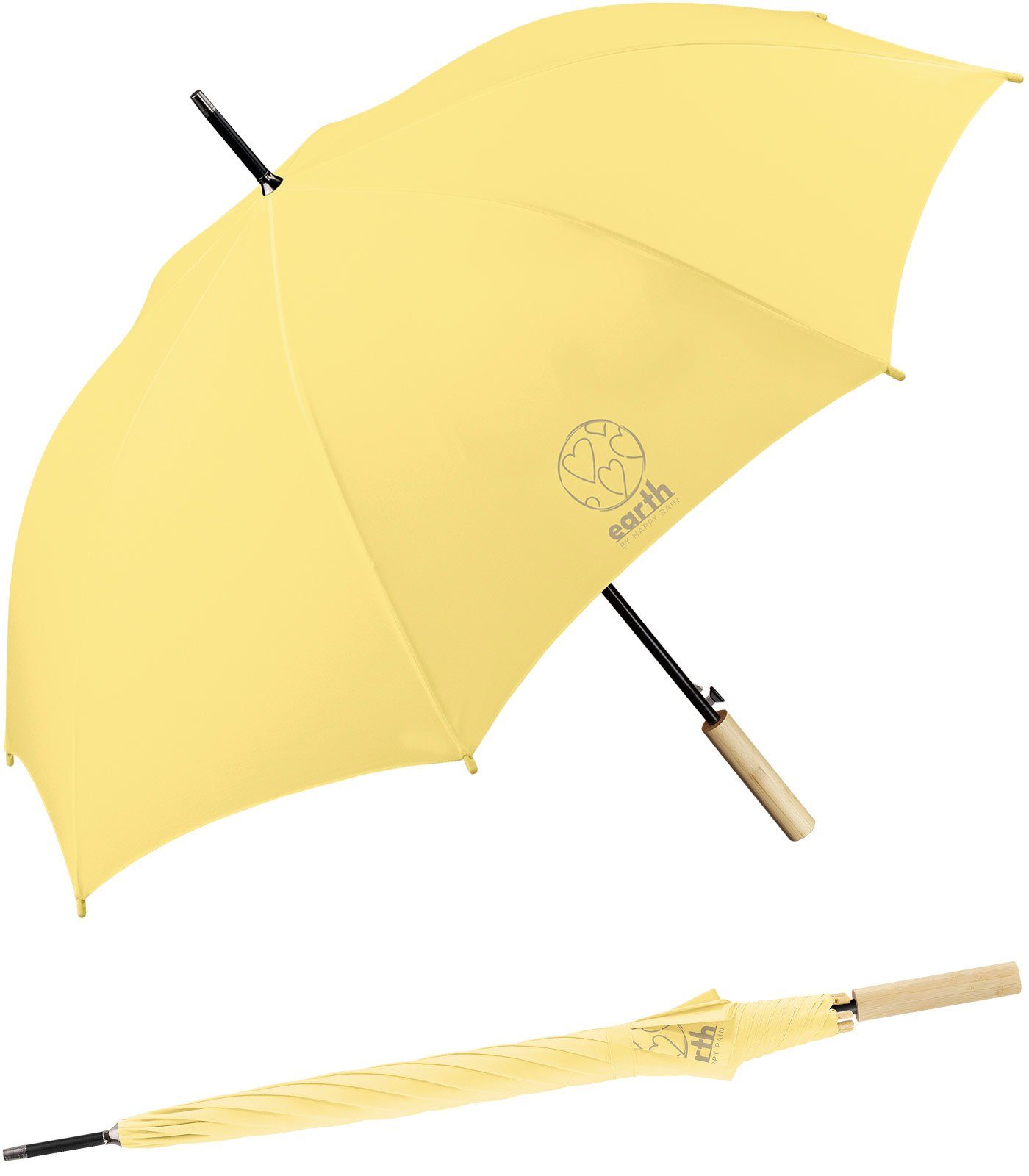 HAPPY RAIN Langregenschirm Earth - nachhaltiger Schirm mit Auf-Automatik, gut geschützt etwas für die Umwelt tun gelb