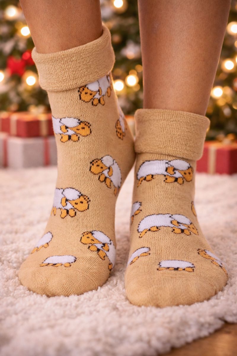 Thermosocken Weihnachtssocken warme Socken socks aus Frottee beige Haussocken