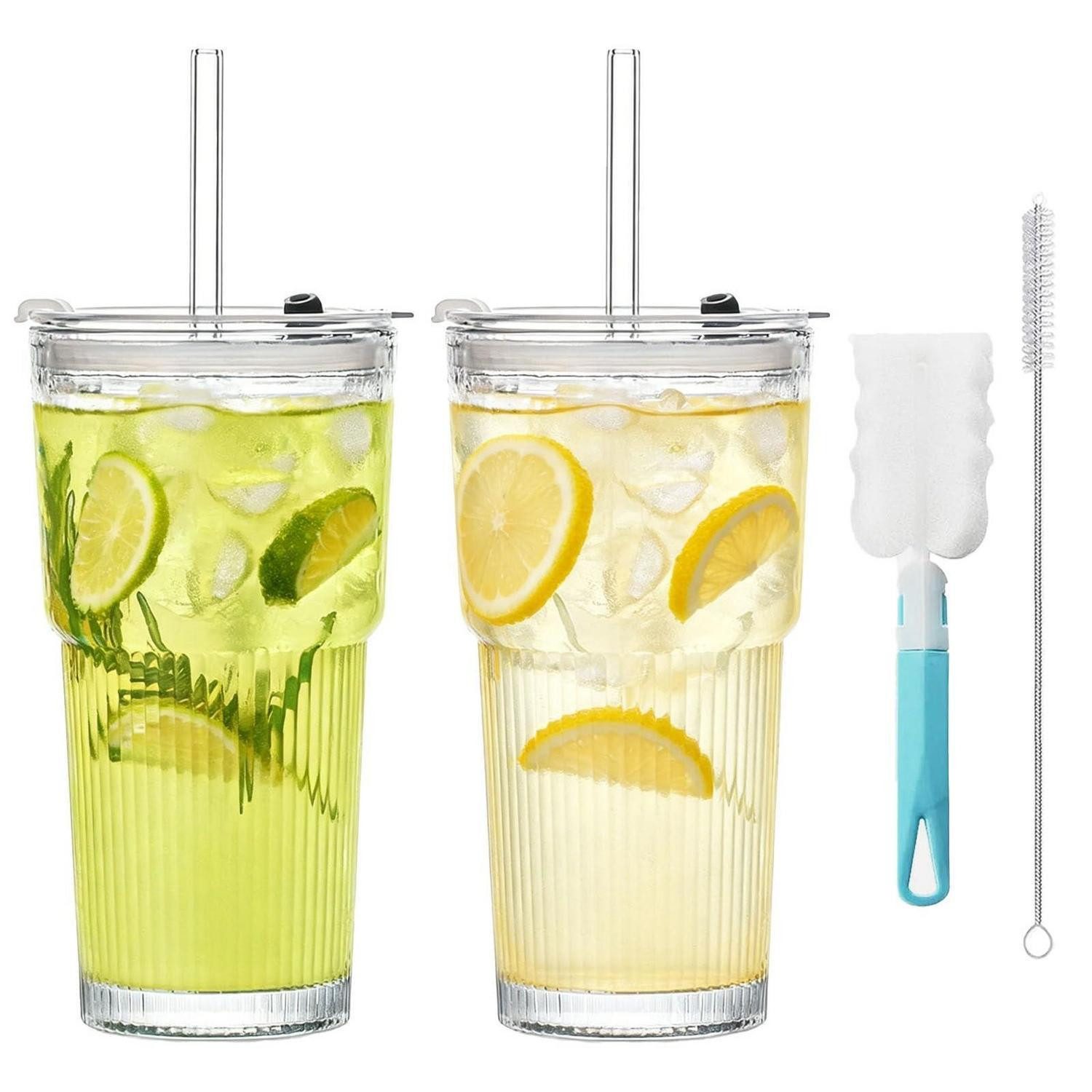 LuxusKollektion Coffee-to-go-Becher 2 Glasbecher geriffelt 600ml mit Deckel/Strohhalm, Glas