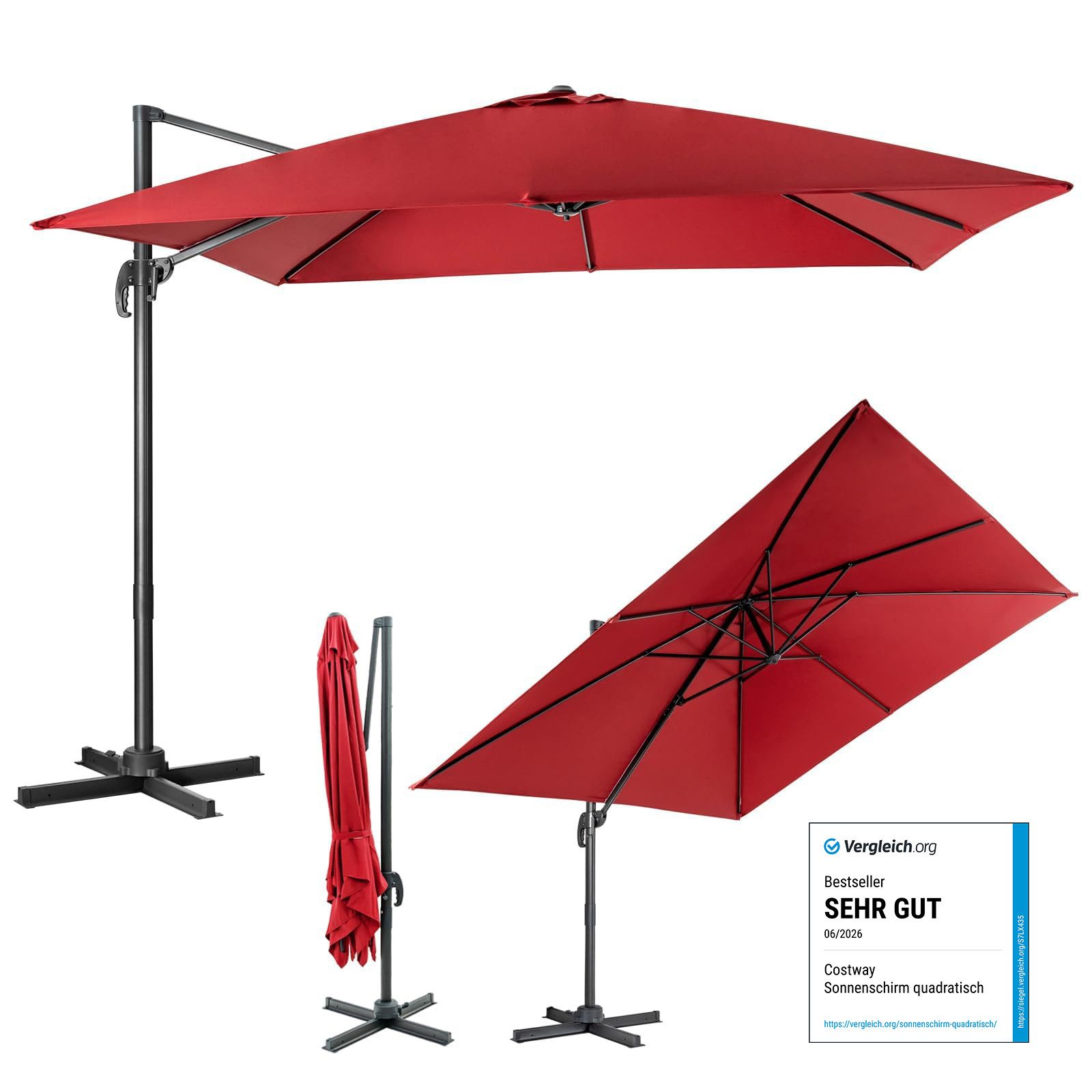 COSTWAY Sonnenschirm Balkon Ampelschirm, Ø300x300cm, neigbar, 360° drehbar