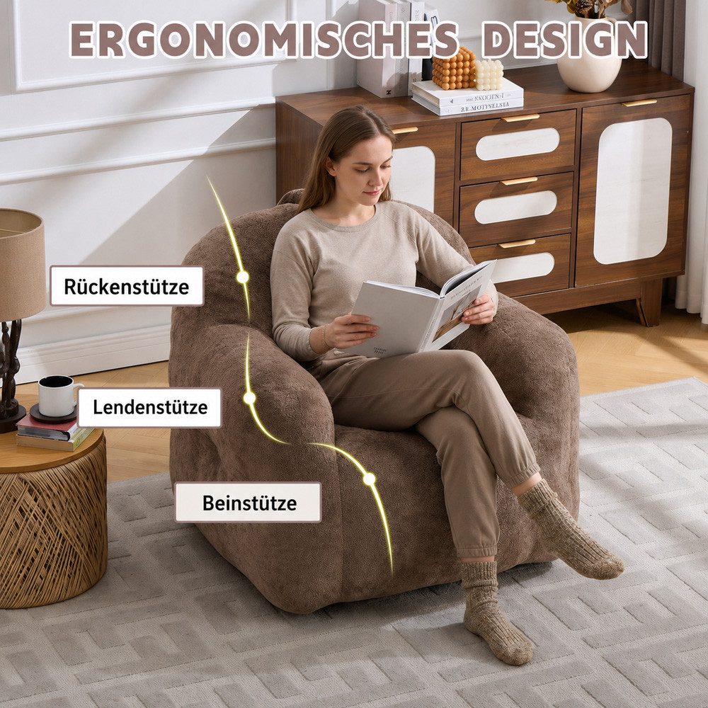 Leawin Relaxliege Sofas Wohnzimmer Loungesessel aus Chenille-Kunstfell weich, Bean Bag Sessel mit Schaumstoffflocken und ohne Montage