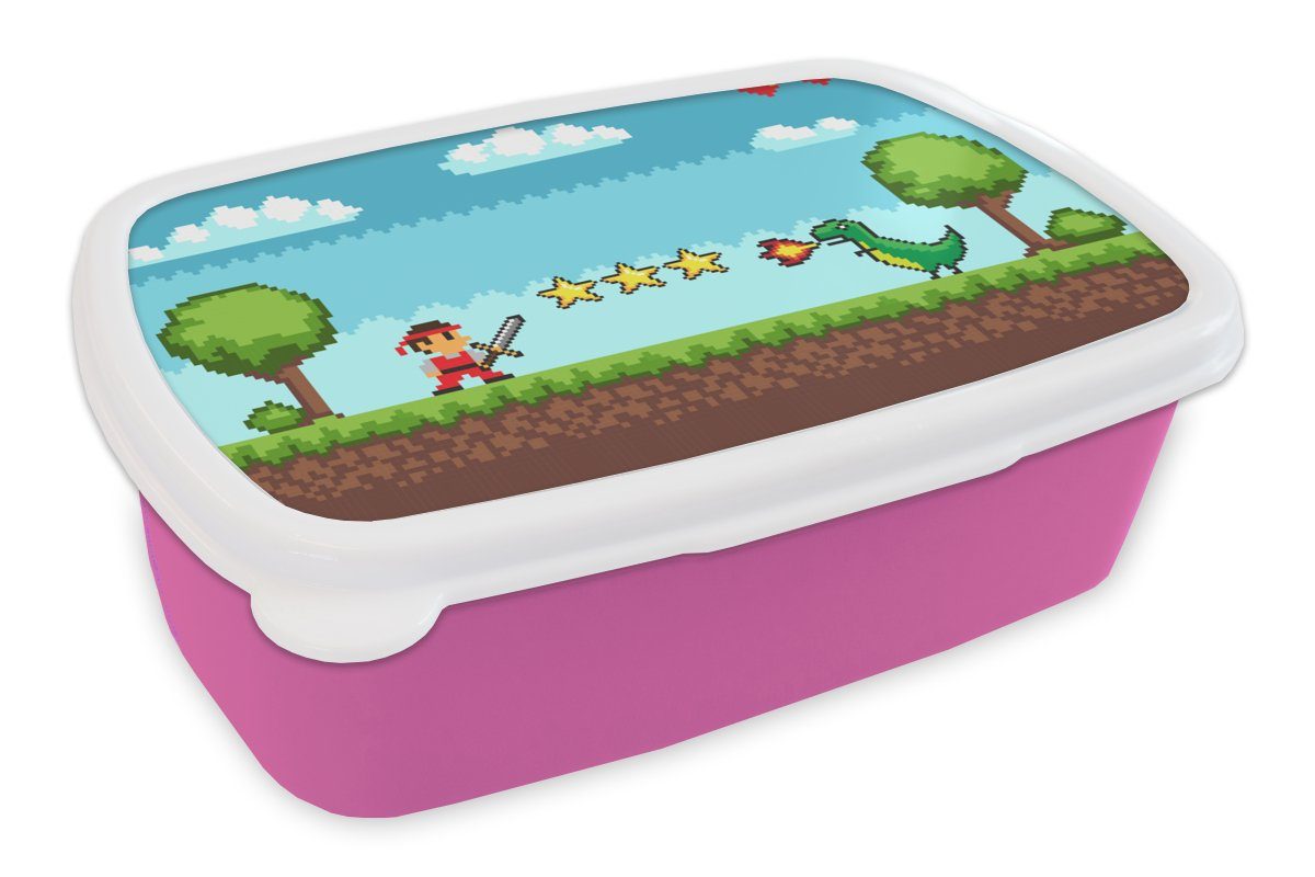 MuchoWow Lunchbox Spiele - für - Kunststoff, Kunststoff Spielhalle Erwachsene, (2-tlg), Kinder, Retro, Mädchen, rosa Brotdose Snackbox, Brotbox