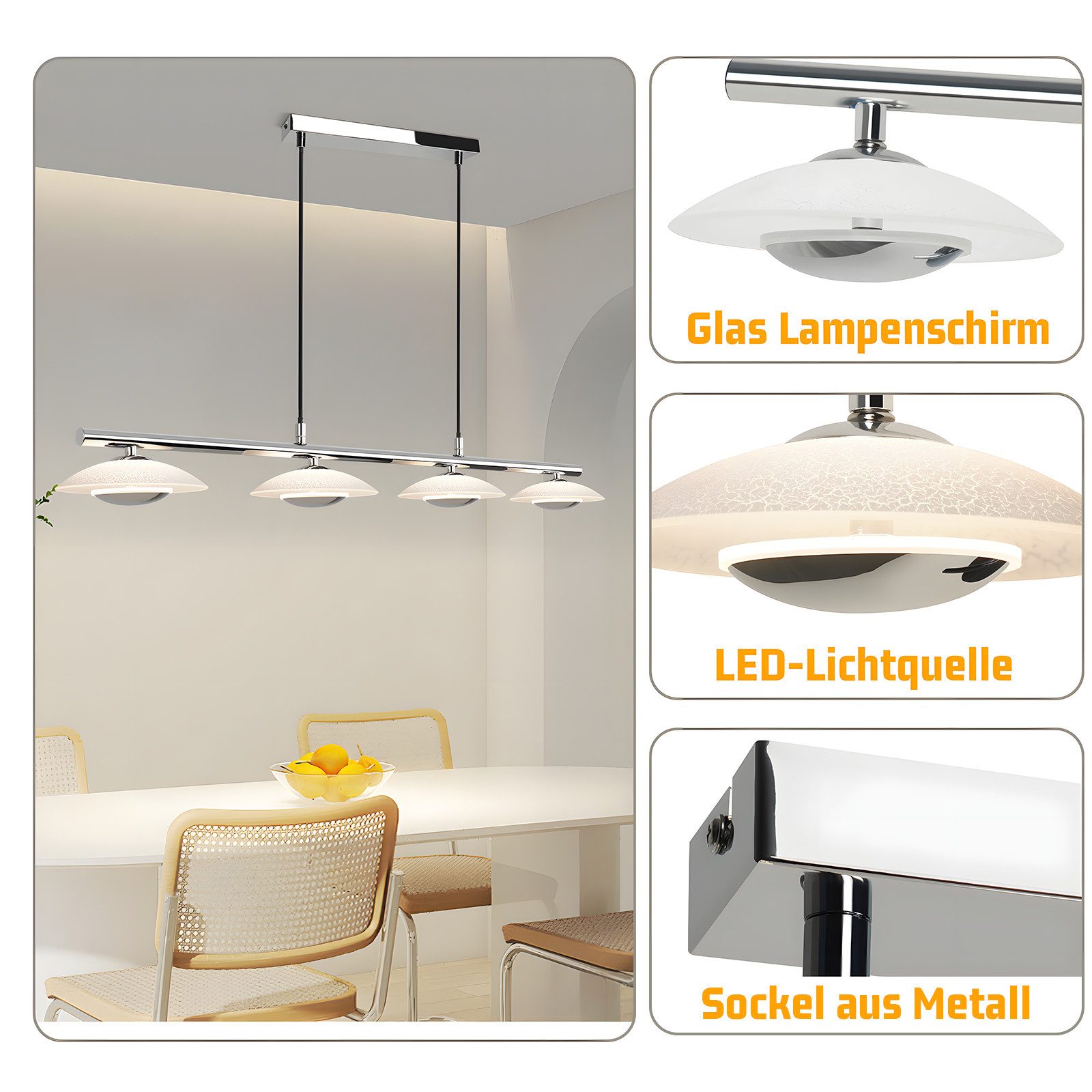 ZMH LED Pendelleuchte Esszimmer Chrom Glas Metall Pendellampe 3000K für Schlafzimmer Küche, LED fest integriert, Warmweiß, Höhenverstellbar Modern Design Hängel – Bild 5 von 5