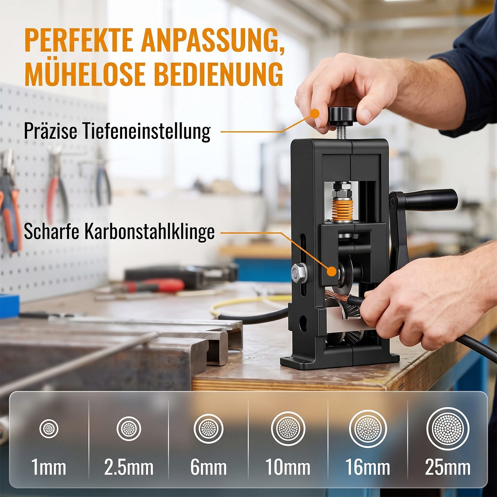 AKKEE Abisolierzange Manuelle Kabelschälmaschine Elektrisch mit Federverstellung, 3 Abisolieröffnungen für Kabelquerschnitte von 0,5–1,0 mm² – Bild 4 von 5