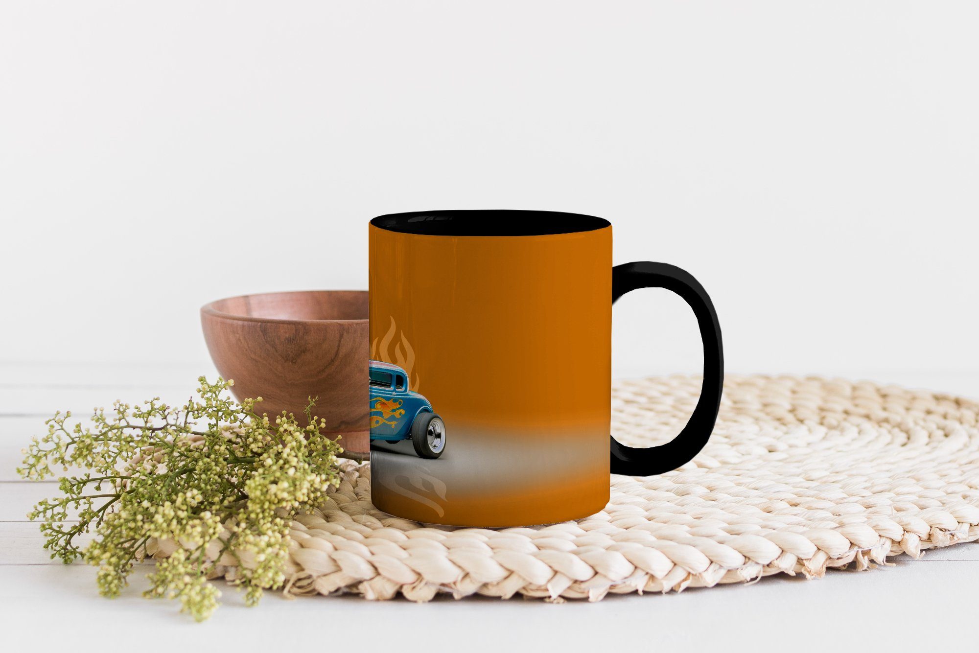 Keramik, - Flammen Tasse - Teetasse, Zaubertasse, Vintage, Farbwechsel, Geschenk - Auto Gelb MuchoWow Kaffeetassen,