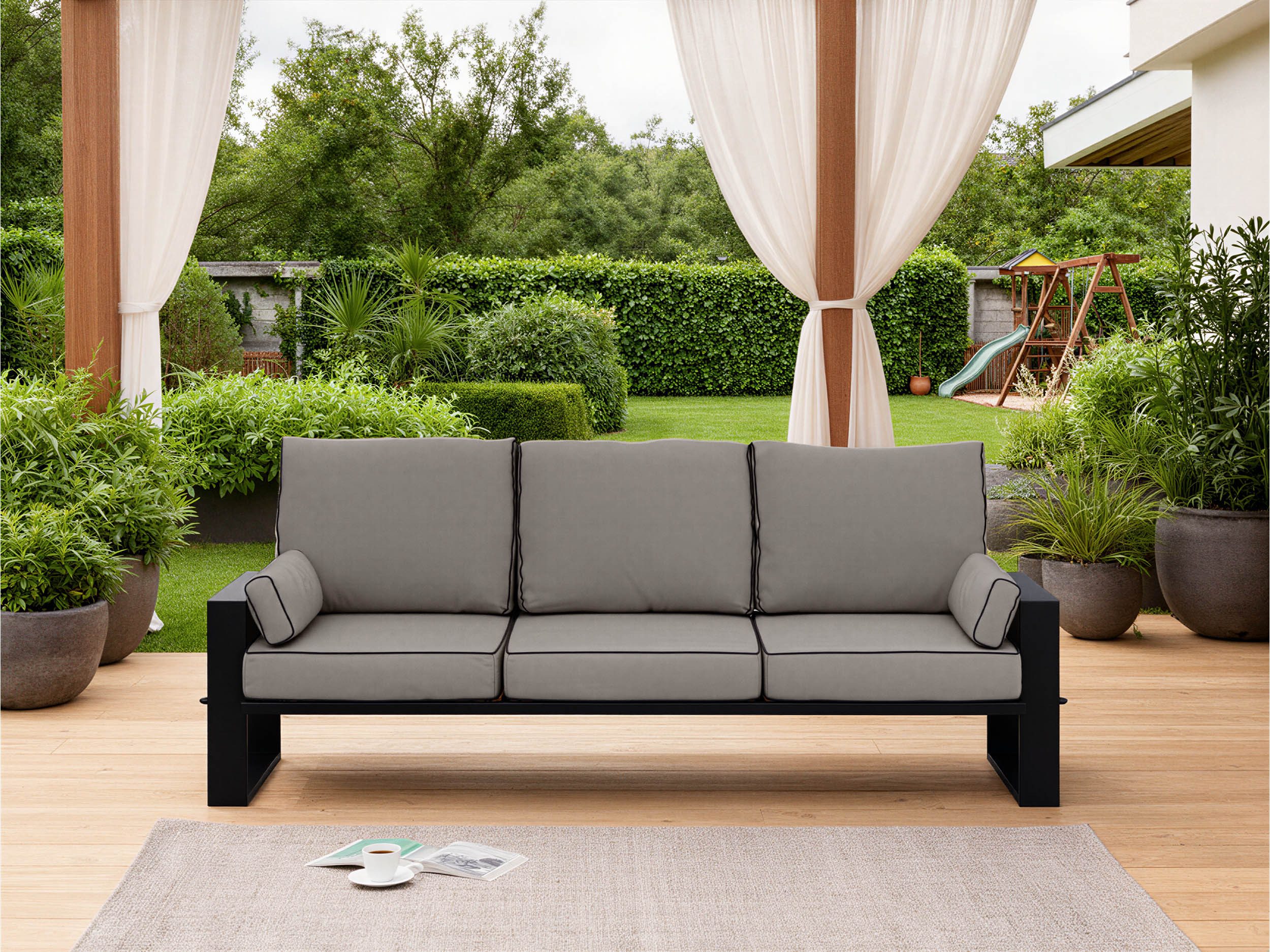 MKS MÖBEL Sofa ELBA, Wellenfeder, Metallbeinen, T30-Schaum, Outdoor Sofa, Terrasse, Outdoor Gartensofa, 3-Personen, Metallrahmen, Wetterfest