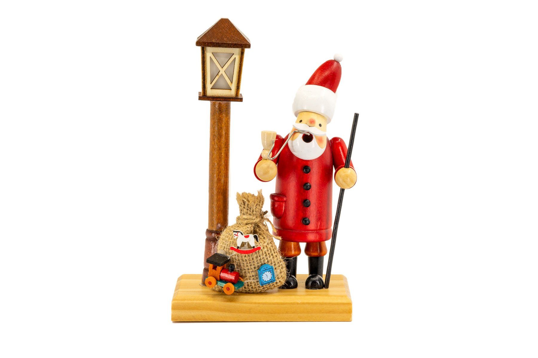 Kaladia Räuchermännchen Weihnachtsmann aus Holz - mit LED Laterne - ca. 19x11x7cm, für Räucherkerzen Größe M (Standard) - als weihnachtliche Dekoration
