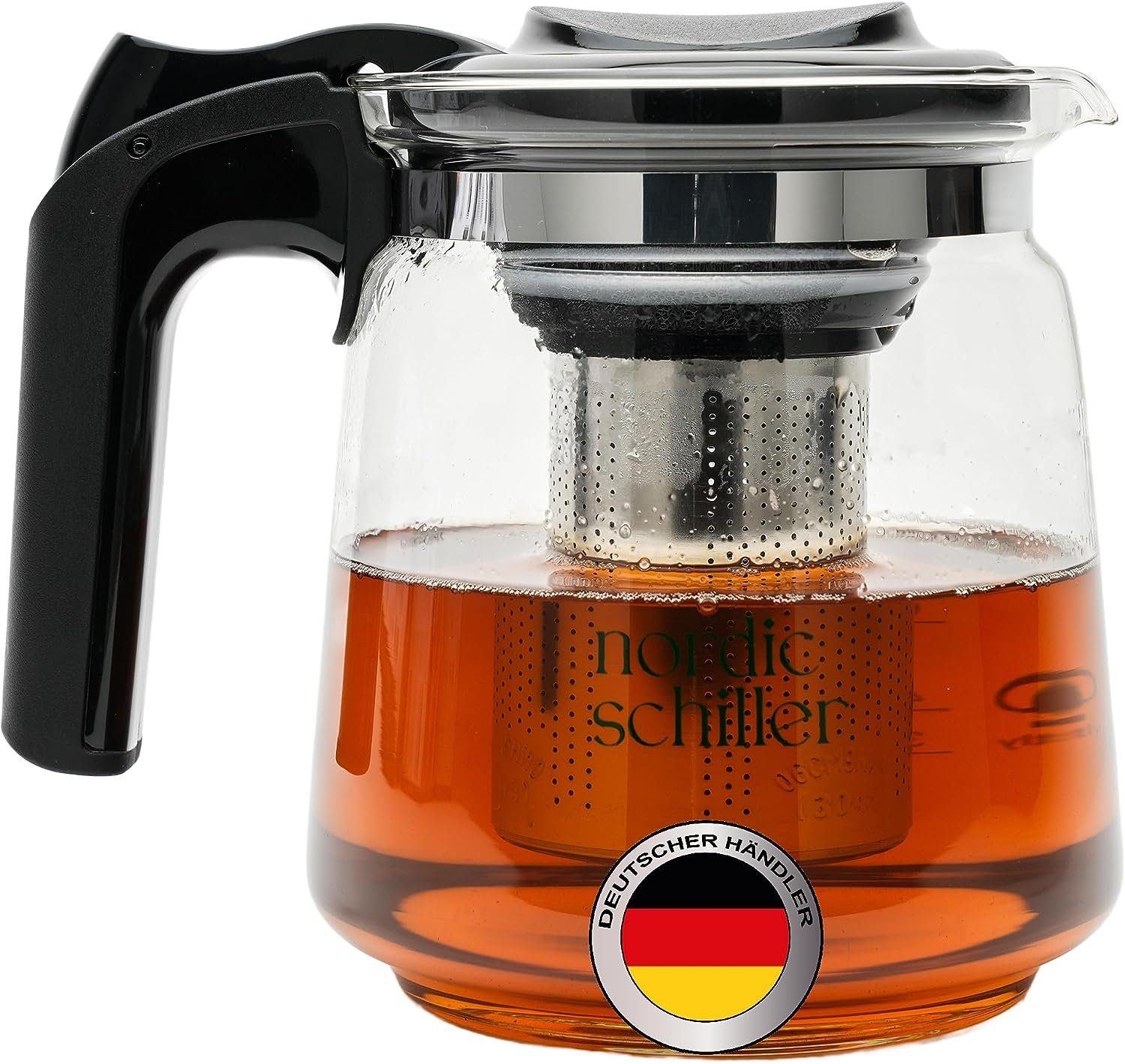 Nordic Schiller Teekanne Premium Teekanne Glas, Hitzebeständig Glaskanne mit Siebeinsatz, 1.5 l, Hitzebeständig Glaskanne mit Deckel, geeignet für Spülmaschine