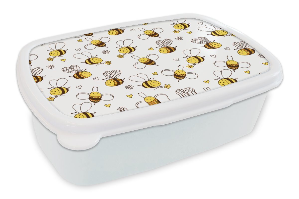 MuchoWow Lunchbox Biene - Blumen - Herz - Muster, Kunststoff, (2-tlg), Brotbox für Kinder und Erwachsene, Brotdose, für Jungs und Mädchen weiß