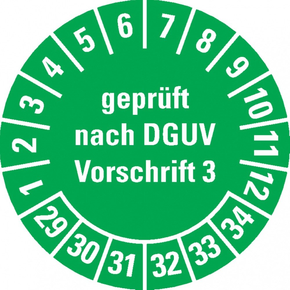 Hinweisschild Prüfplakette Geprüft nach DGUV Vorschrift 3 29-34, grün, Folie, Ø 20mm