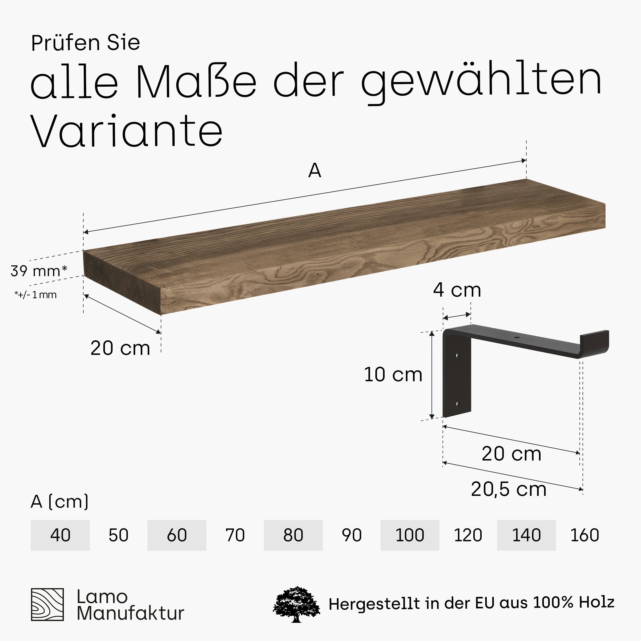 Komplett-Set, LAMO stake Original, 40mm Nussbaum Massivholzplatte Manufaktur Wandregal