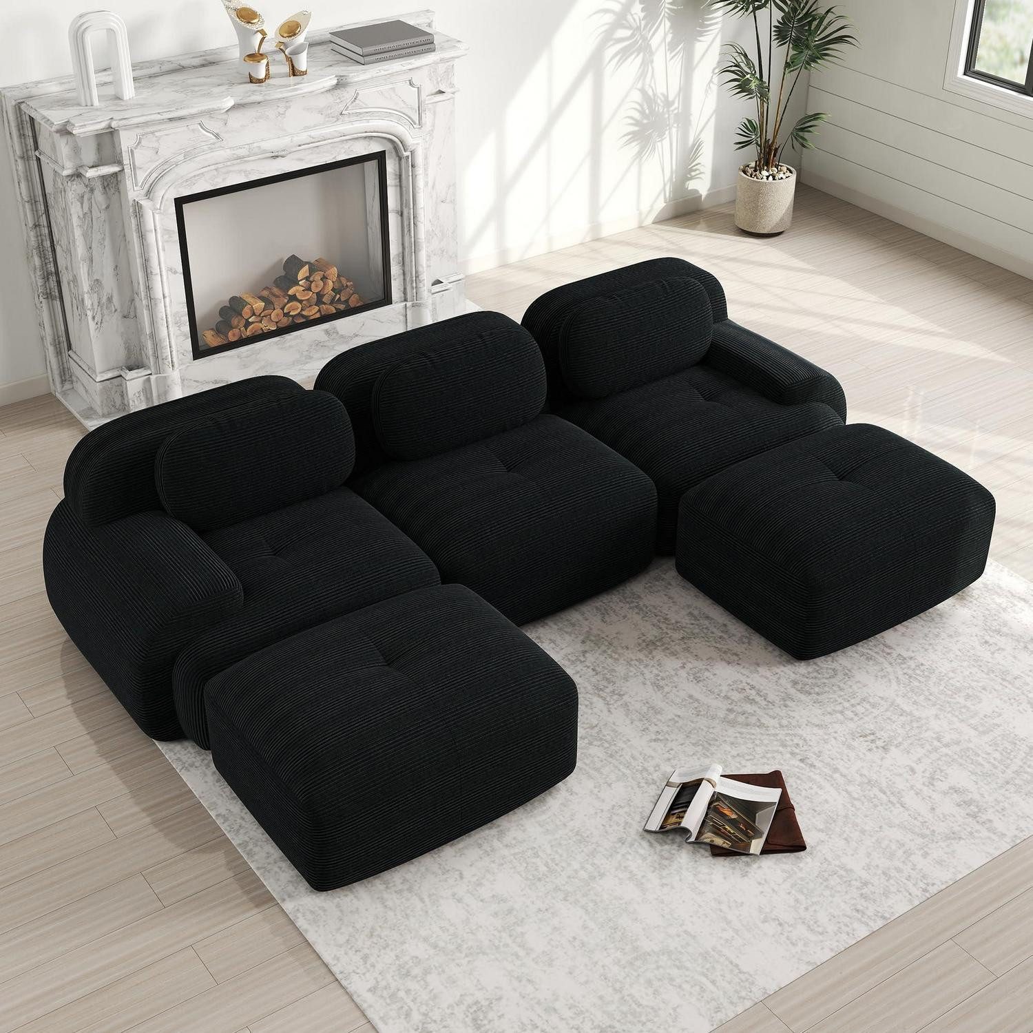 LuxusKollektion Ottomane Sofa Modular Cordstoff Ottomane Boneless Schwarz 3 Sitze & 2 Ottomane
