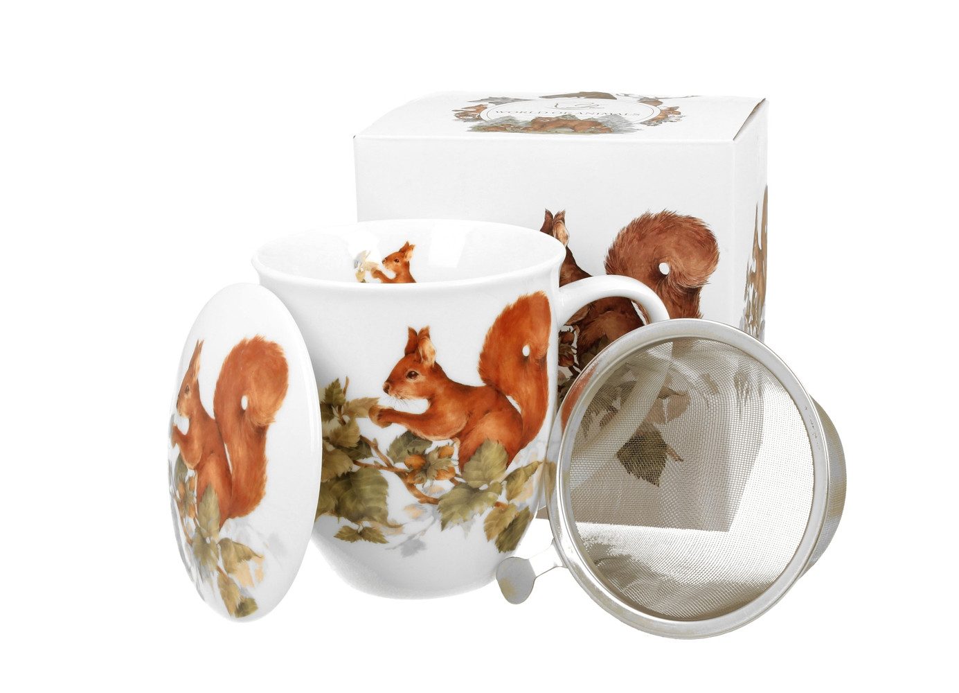 Tasse Squirrel Eichhörnchen Teetasse mit Sieb und Deckel Porzellan 0,4 L