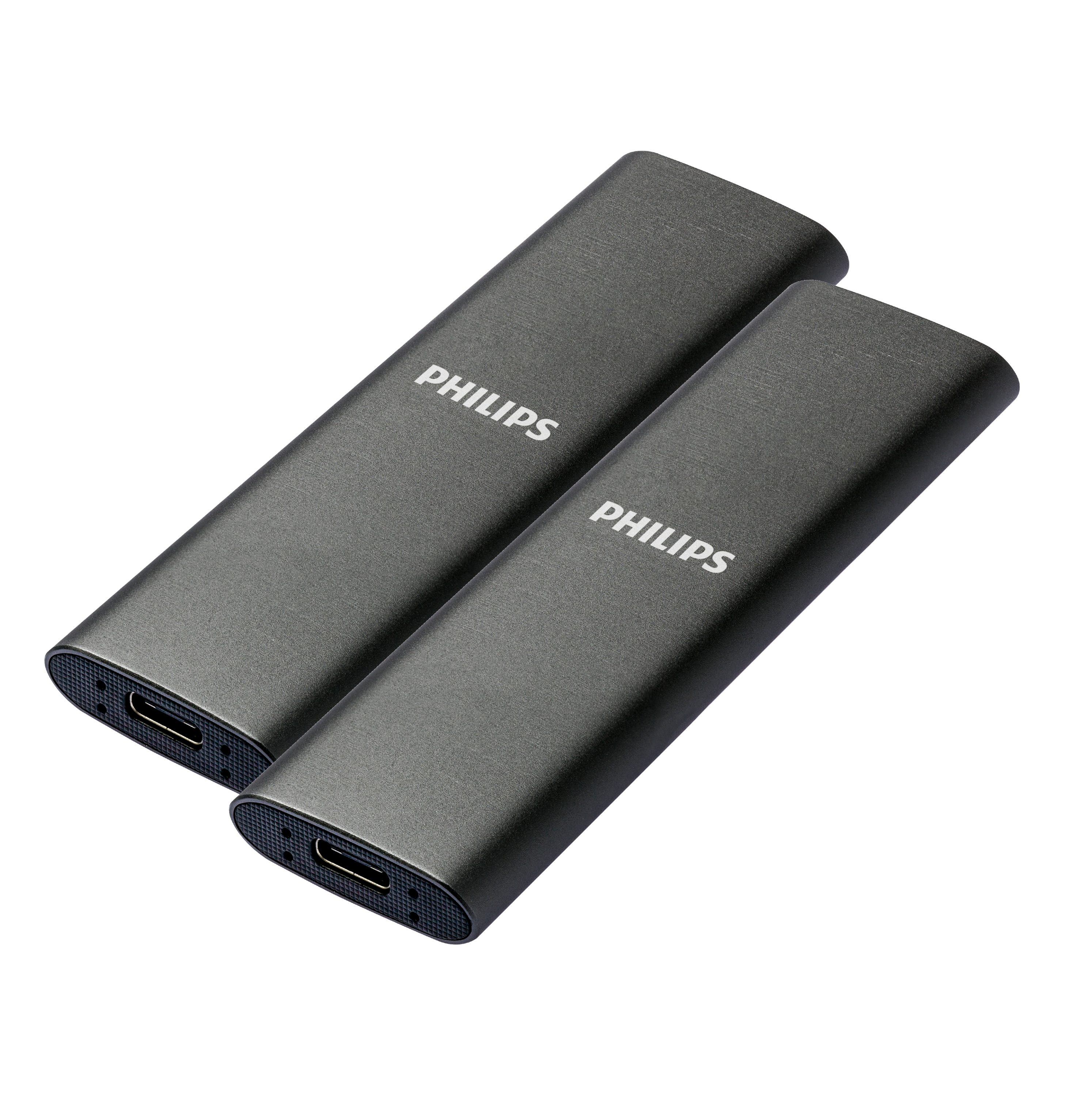 Philips FM50SS030P/20 externe SSD (500GB) 1,8" 540 MB/S Lesegeschwindigkeit, 520 MB/S Schreibgeschwindigkeit, Space Grey, Ultra Speed USB-C 3.2, Aluminium, 2er Pack