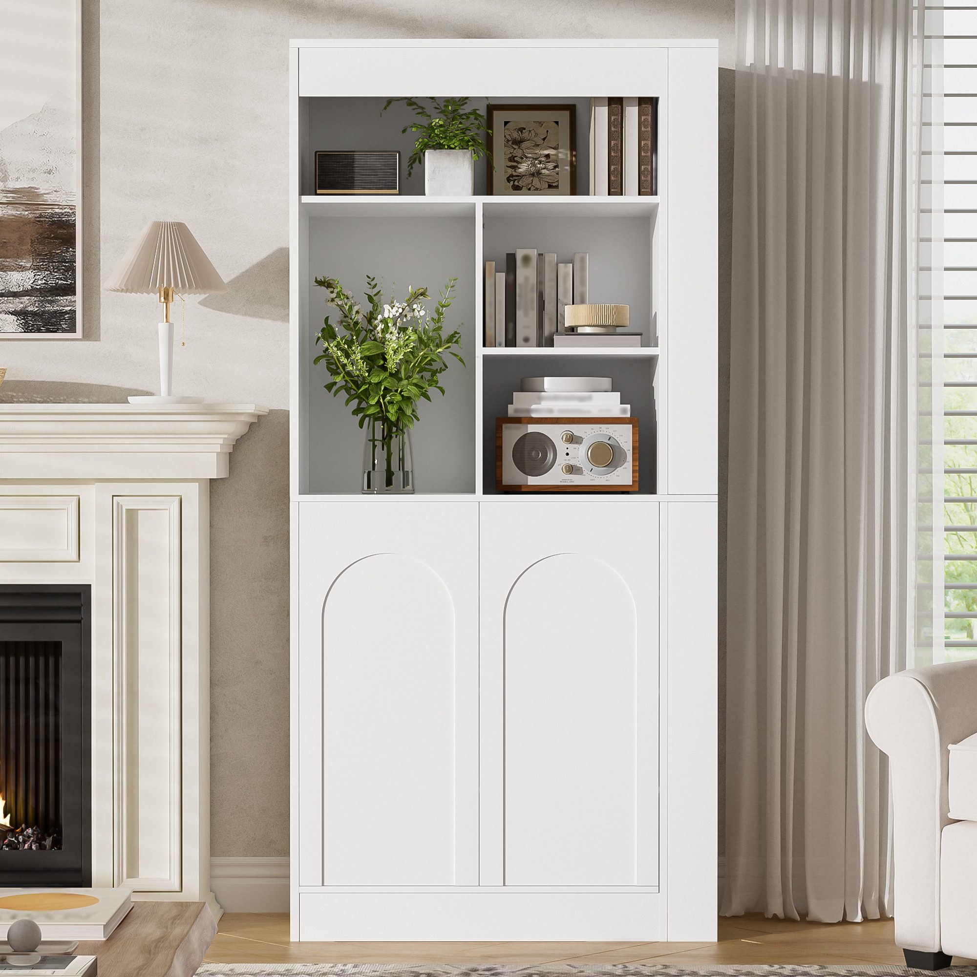 Flieks Bücherregal Hochschrank mit 2 Türen, offenem Regal und seitlichen Ablagefächern, 85×35×180 cm 1-tlg., multifunktionaler Mehrzweckschrank Aufbewahrungsschrank Weiß