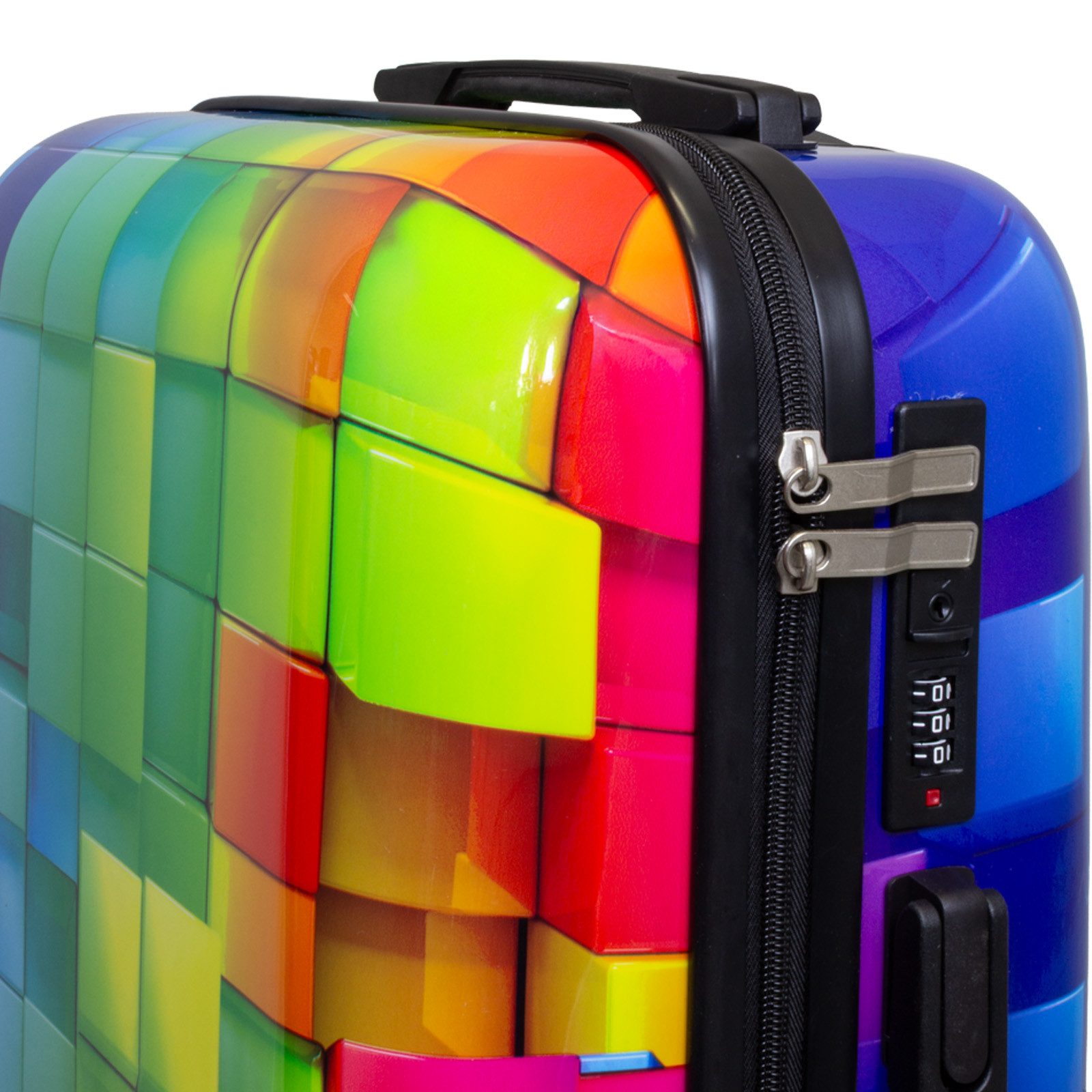 Trendyshop365 Hartschalen-Trolley Motivkoffer Mosaik mit mehrfarbigem 3D Druck, lieferbar in 3 Größen, 4 Rollen, Zahlenschloß, Polycarbonat, Dehnfalte