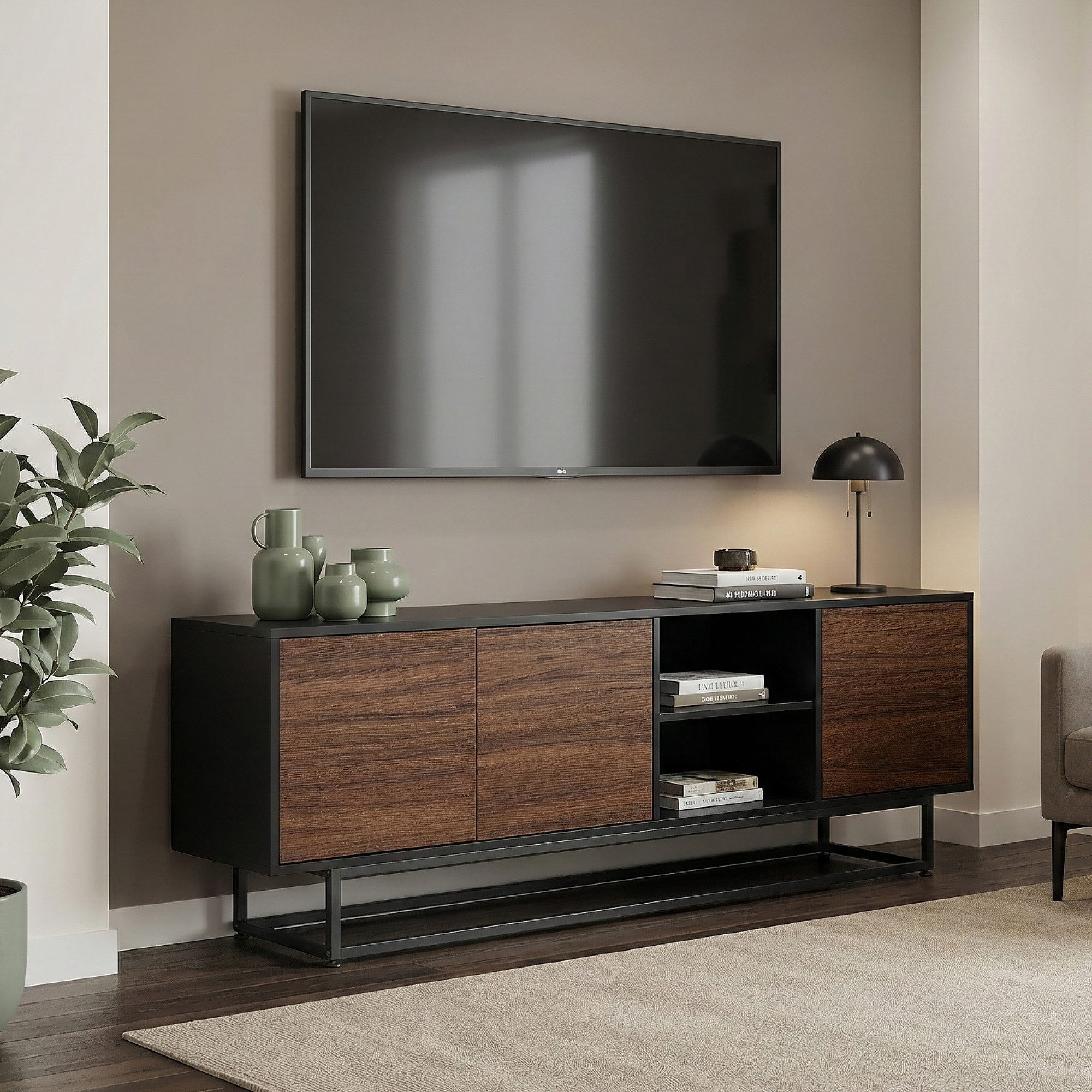 en.casa Sideboard, »Boxholm« mit 3 Türen 160 x 30 x 57 cm Schwarz/Walnussoptik
