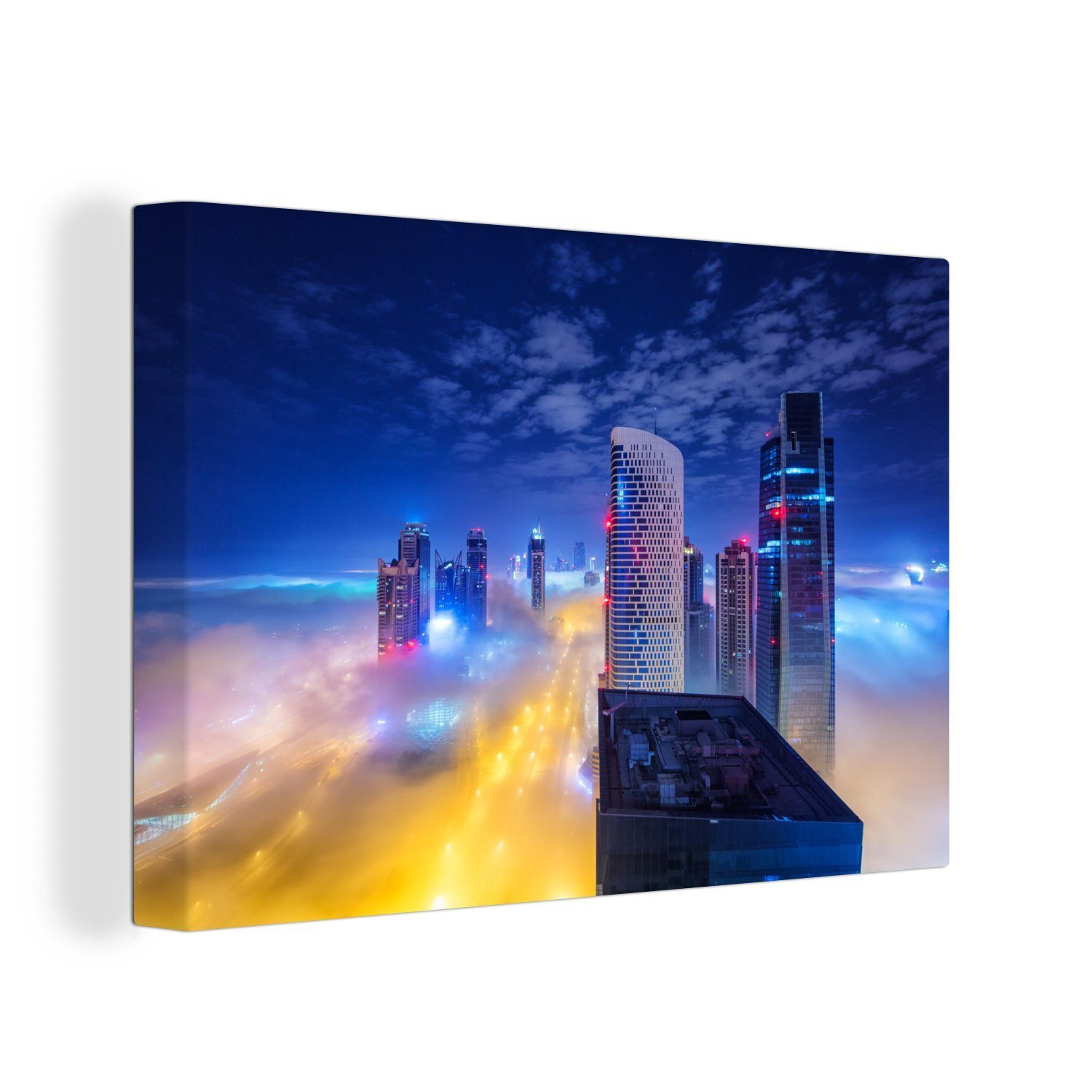 OneMillionCanvasses® Leinwandbild Dubais Hochhaustürme (1 30x20 über Wolken St), Leinwandbilder, bei cm Nacht, Wandbild den Aufhängefertig, Wanddeko