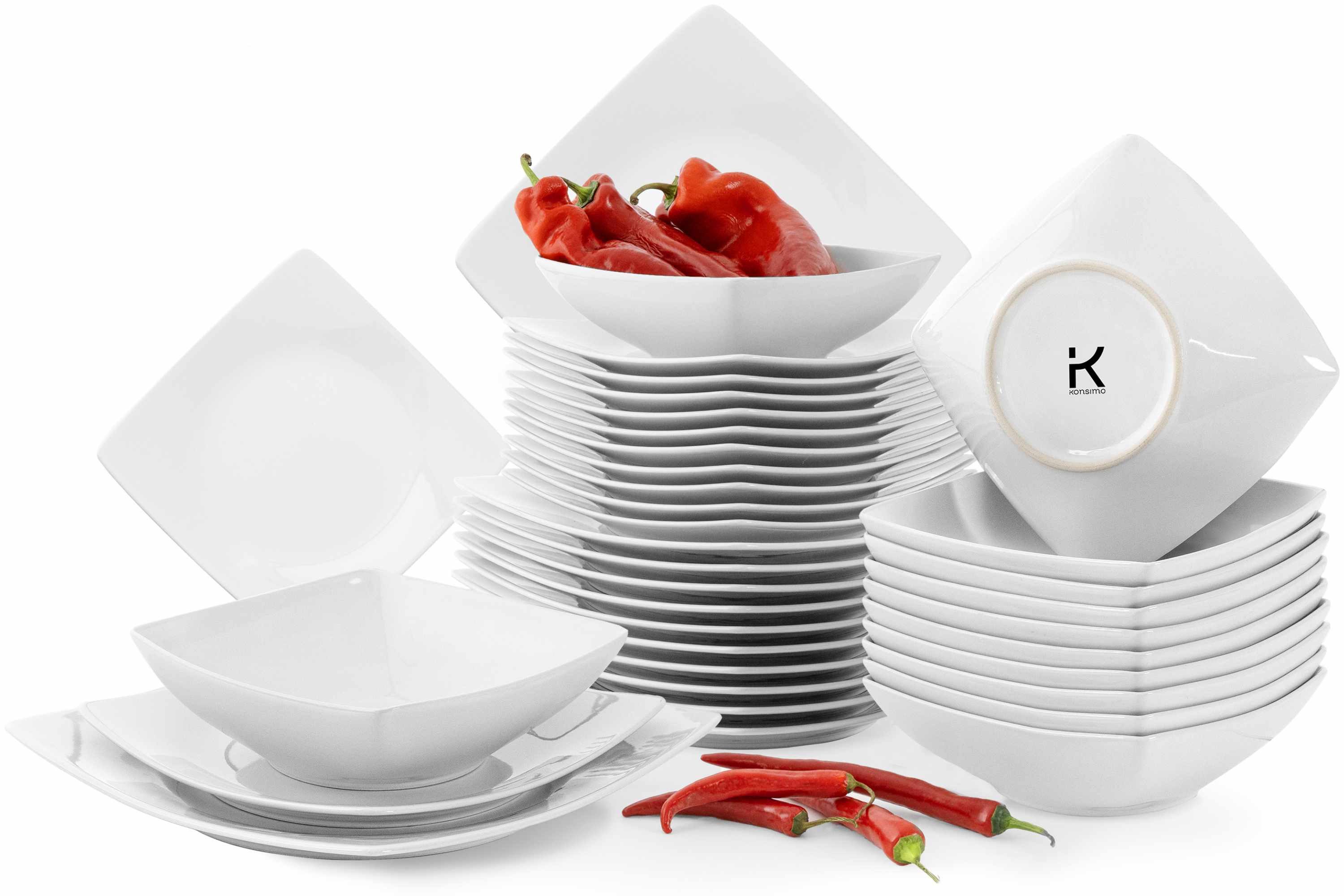 KONSIMO® Kombiservice EPIRI Tafelservice hergestellt in der EU, Modern, 12 Personen (36-tlg), 12 Personen, Keramik, quadratisch, Spülmaschinenfest Mikrowellenfest