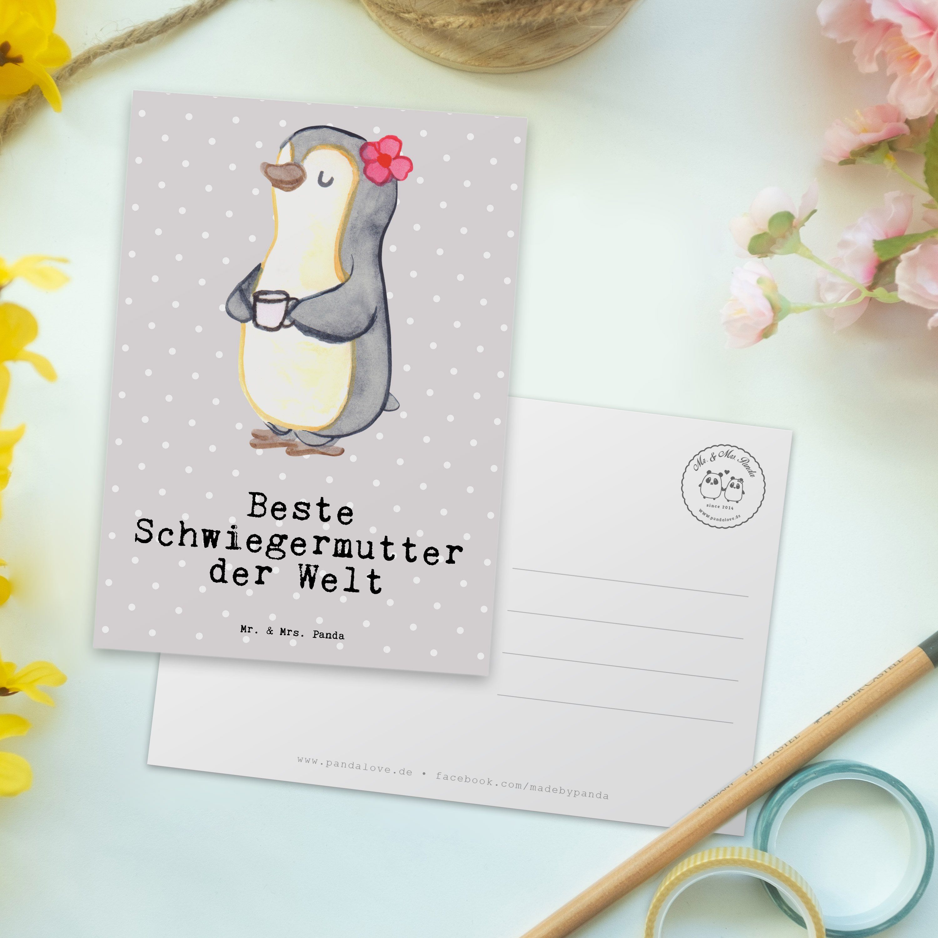 Geschenk, Mrs. Gru Schwiegermutter Pinguin Beste Mr. - Grau der & - Welt Pastell Postkarte Panda