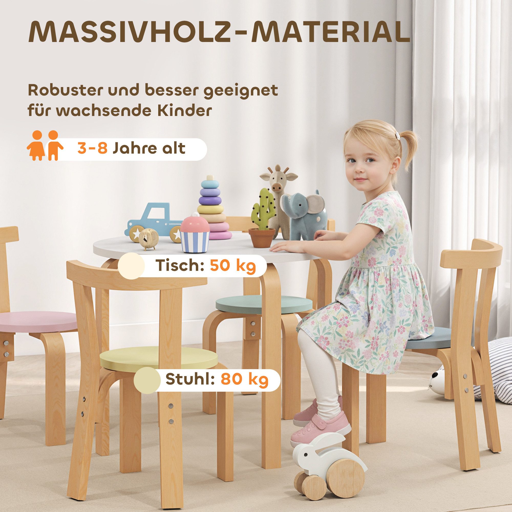 AIYAPLAY Children's Seating Set, Weight Capacity up to 80 kg, (Children's Furniture, 5-piece, 5-piece Set with Table and Chairs), for Children 3-8 Years Old, Multicolor