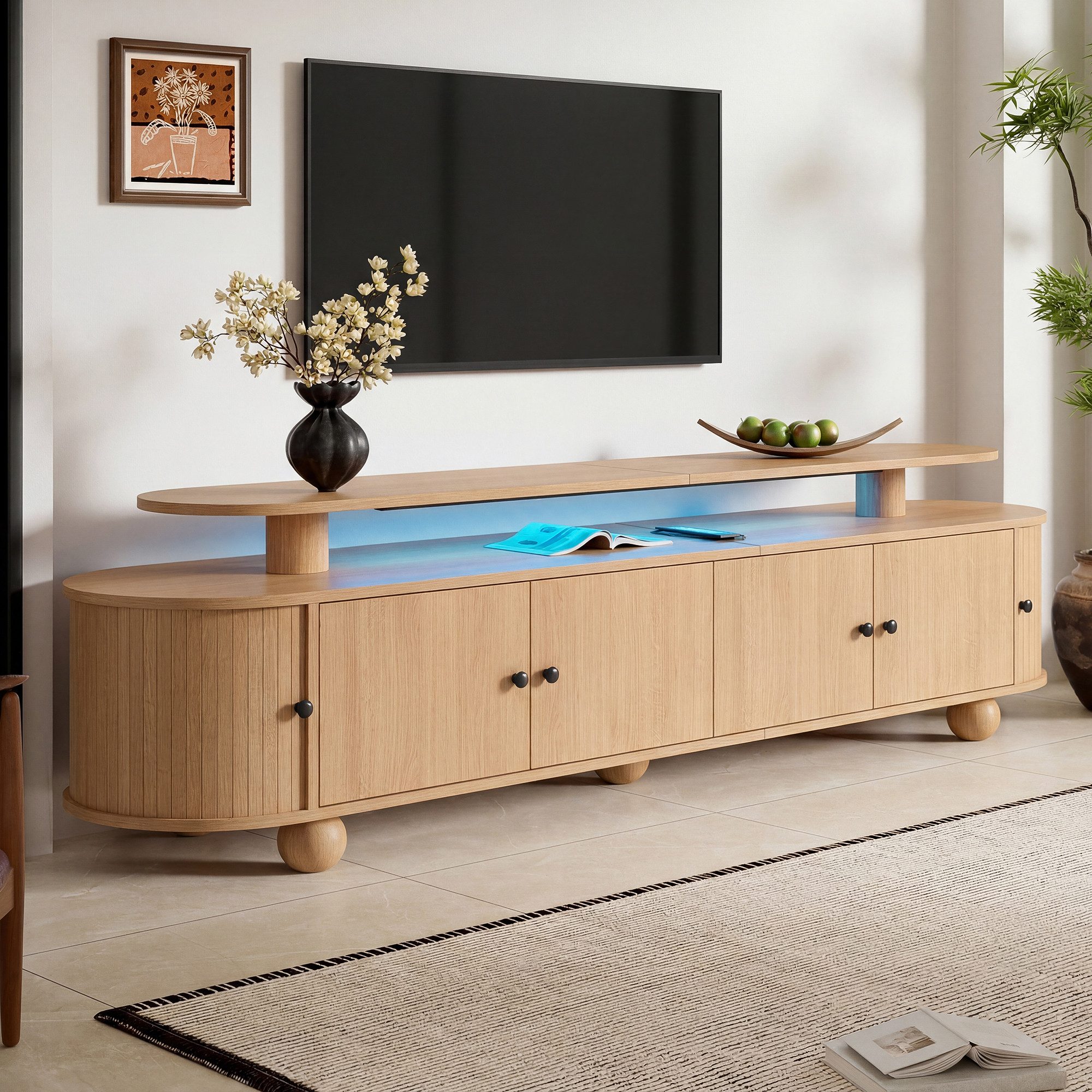 BlingBin TV-Schrank Lowboard Fernsehtisch mit LED Holzoptik Natur abgerundete Kanten 180cm (1 Packung, 1-St., 4 Türen,2seitlichen Schiebetüren,Metallgriffen und kugelförmigen Füßen) Zweistufiges TV-Board,Wohnzimmerschrank mit Stauraum, Wohnzimmer Möbel