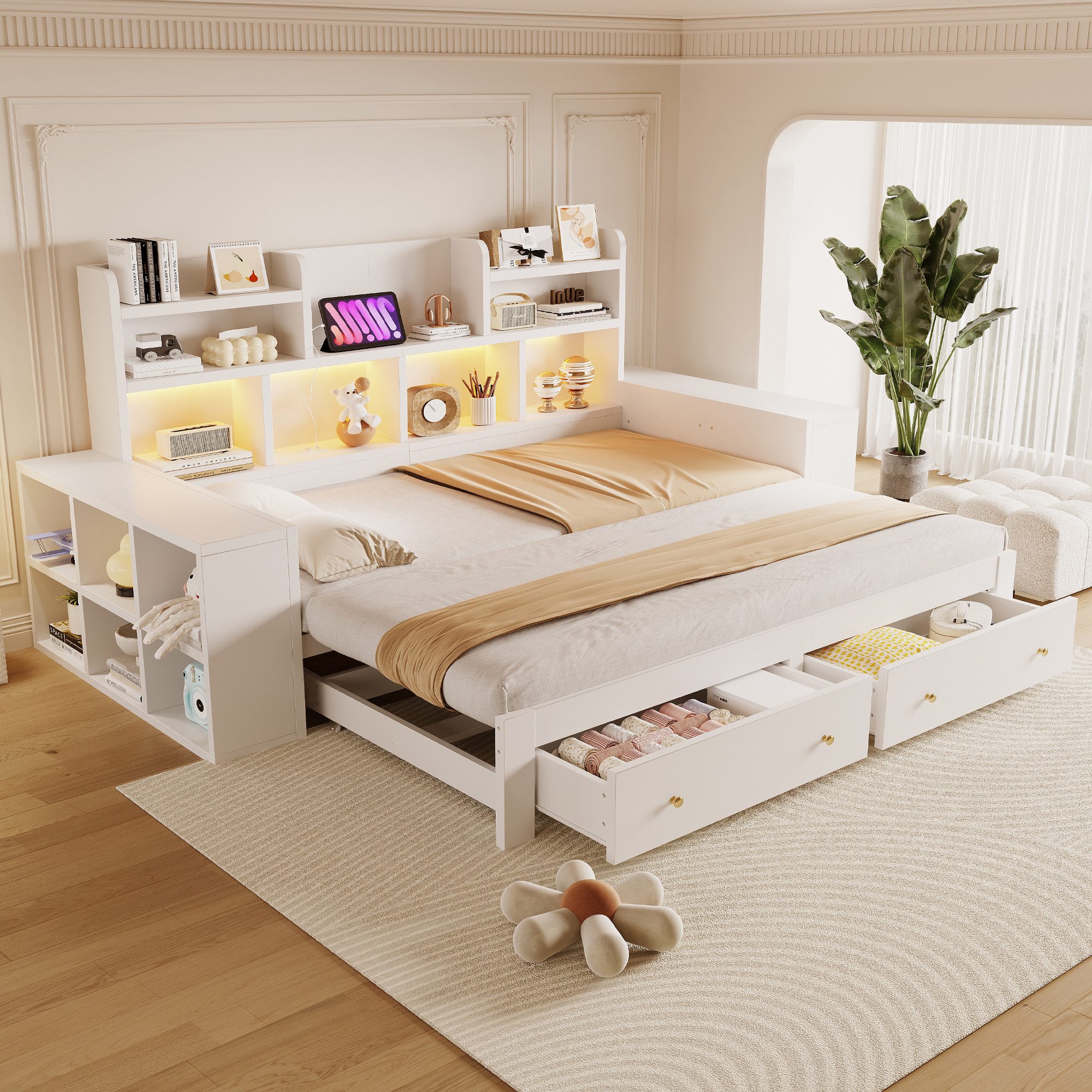 i@home Funktionsbett Ausziehbares Stauraumbett 90/180 × 200 cm, weißes Holzbett mit LED (Packung, 1 tlg), mit Steckdose Staufächern und LED-Beleuchtung, 230x110x100 cm