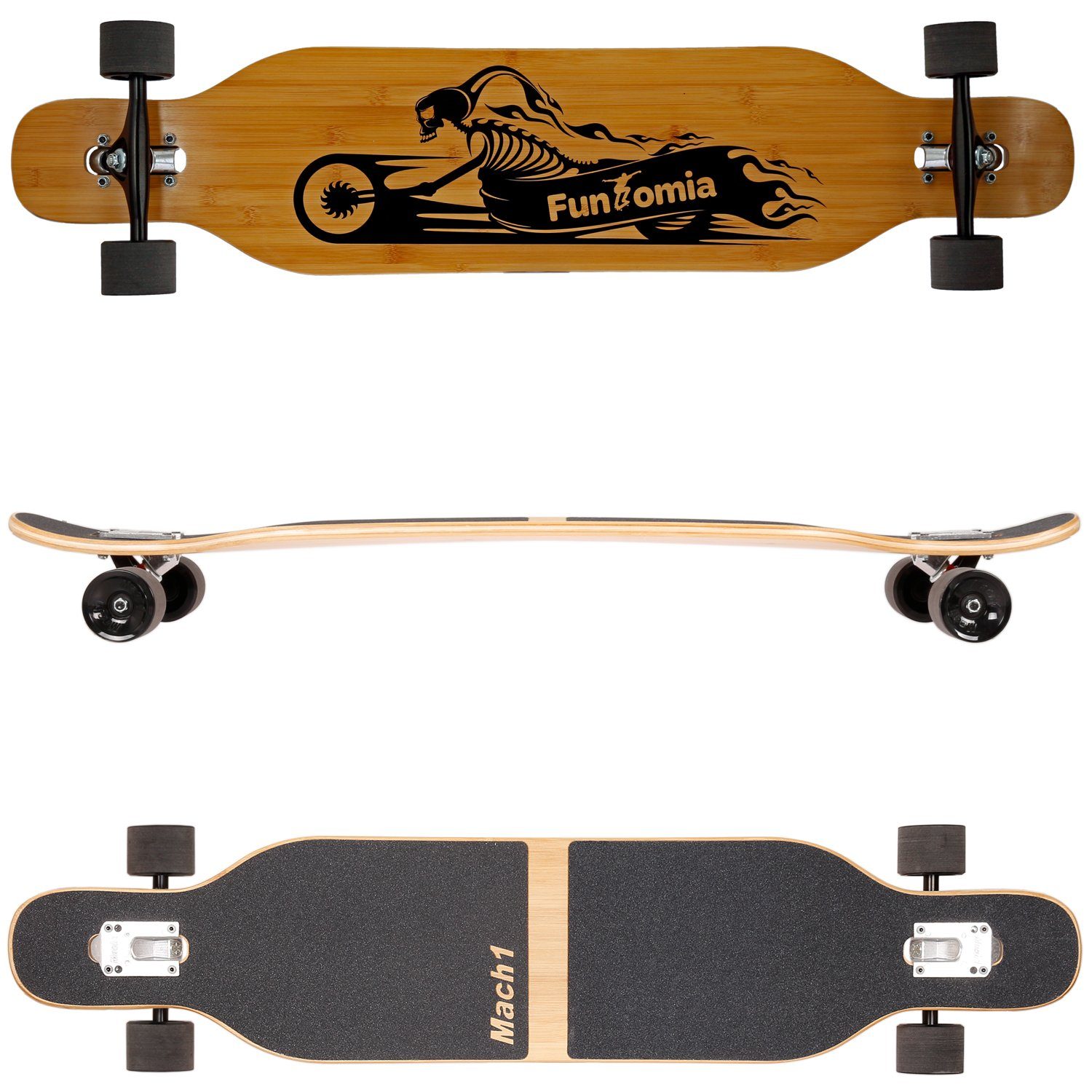 Mach1 Longboard aus Bambus mit Keramik Kugellager - Camber Drop Through Cruiser Board (Spar-Set inkl. T-Tool und extra Bushings, Longboard + T-Tool + 4er Set 85A Bushings), Twin Tip