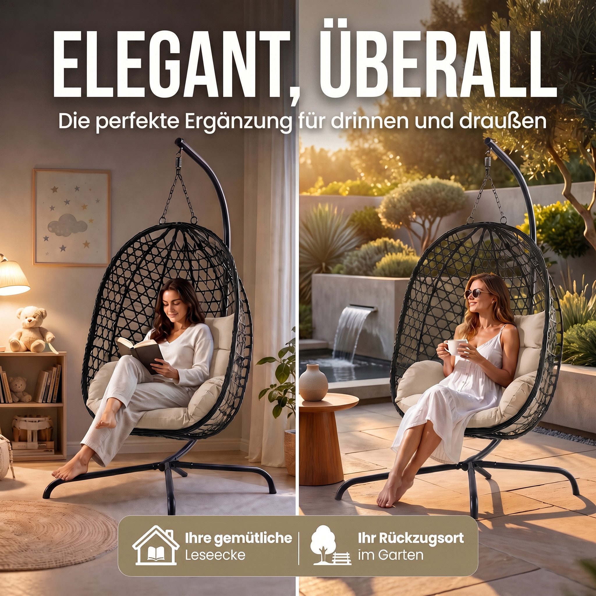 Goods+Gadgets Hängestuhl Polyrattan Hängestuhl mit Gestell und Kissen–Komfort für Innen & Außen (Hängekorb Sessel), Schwebeliege Rattan Outdoor & Indoor Relax Hängeliege