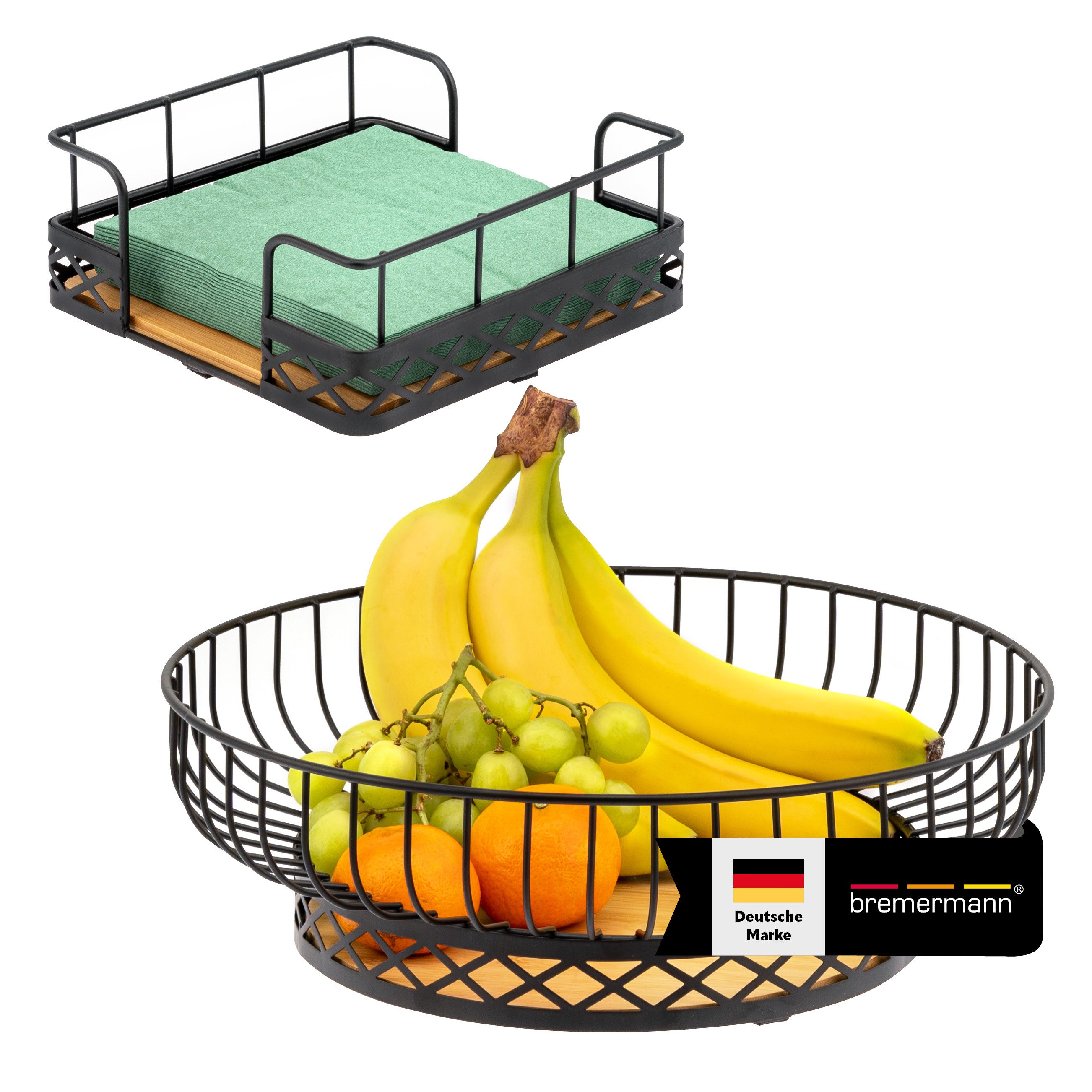 bremermann Obstschale 2er Set mit Serviettenhalter, aus Bambus und Metall