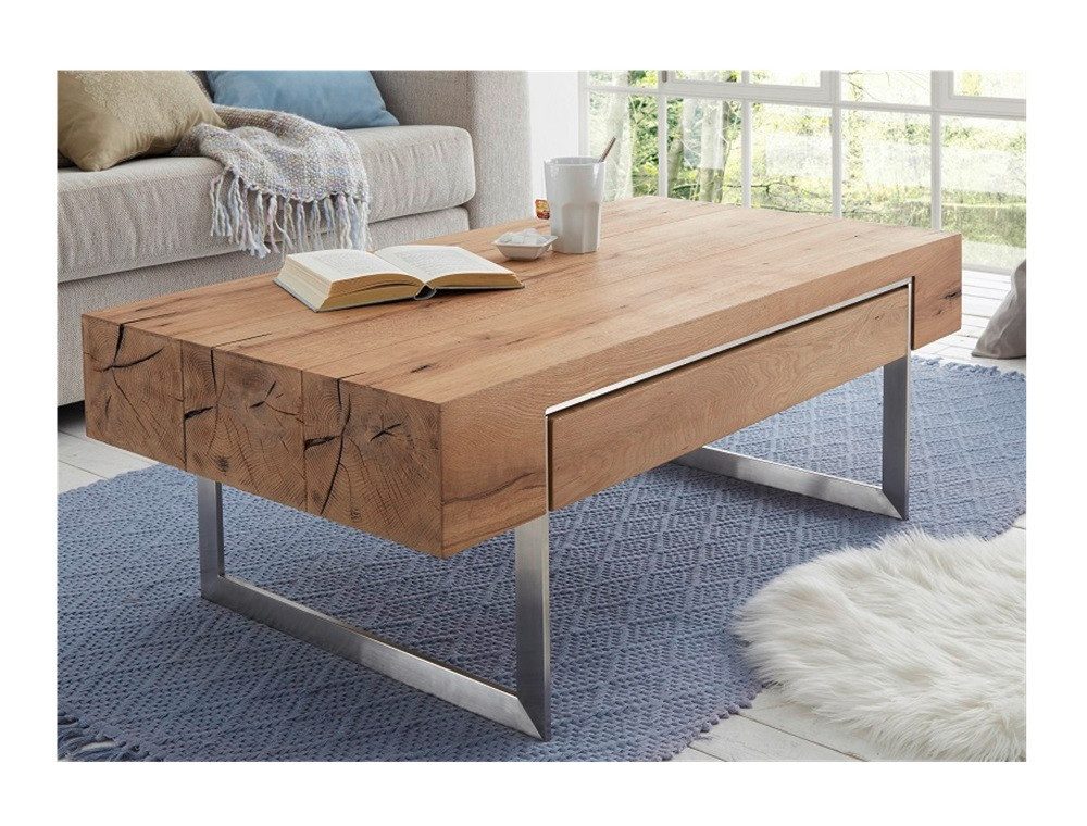 Furnhaus Couchtisch Birmingham Asteiche mit Schubkasten 110x60 cm (1-St), Wohnzimmertisch Eichefarben mit Metallgestell 110x40x60 cm