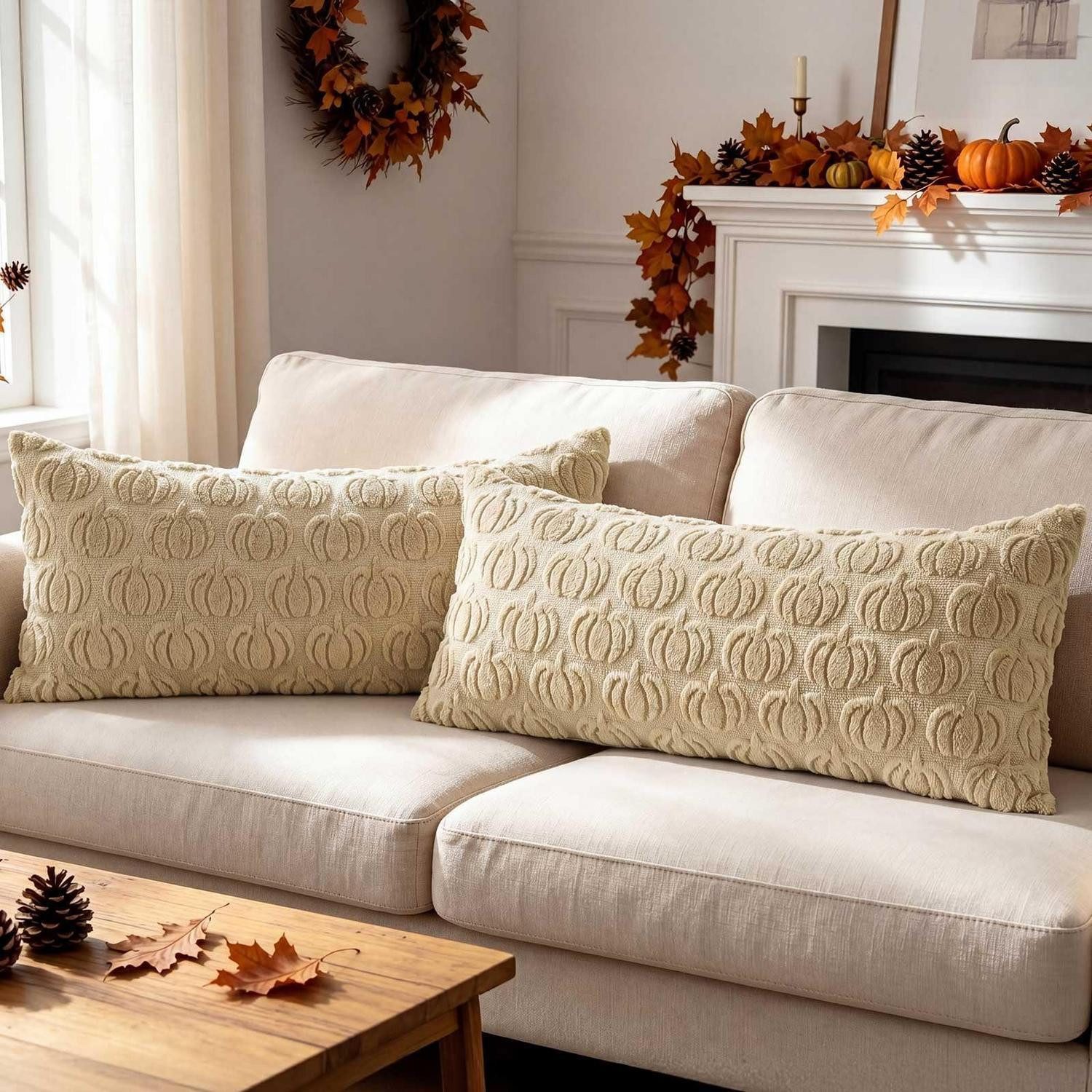 LuxusKollektion Kissenhülle Kissenhülle Herbst Plüschkürbis 40x80cm Beige 2St, (2 Stück)
