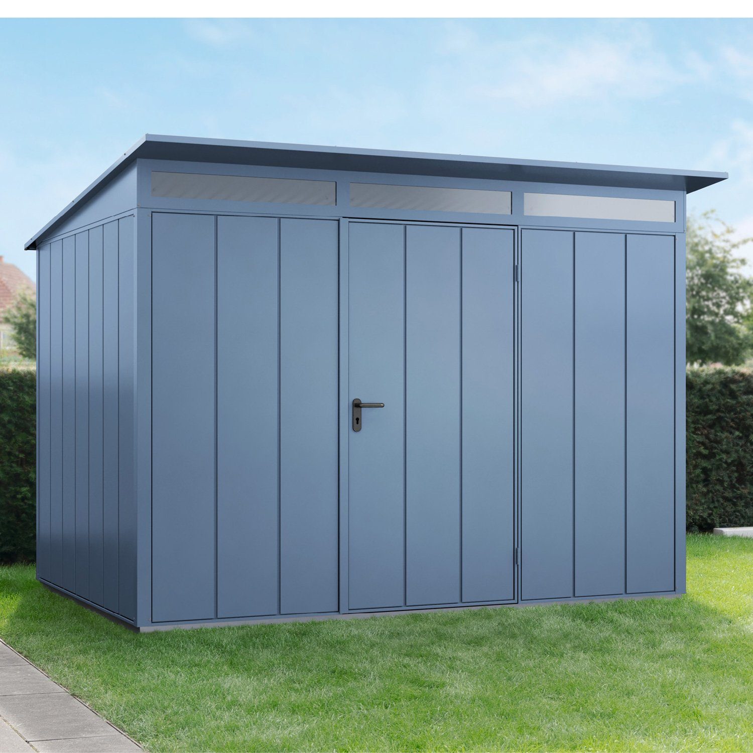 Hörmann Ecostar Gerätehaus Metall-Gerätehaus Elegant mit Pultdach Typ 3, 1-flügelige Tür taubenblau