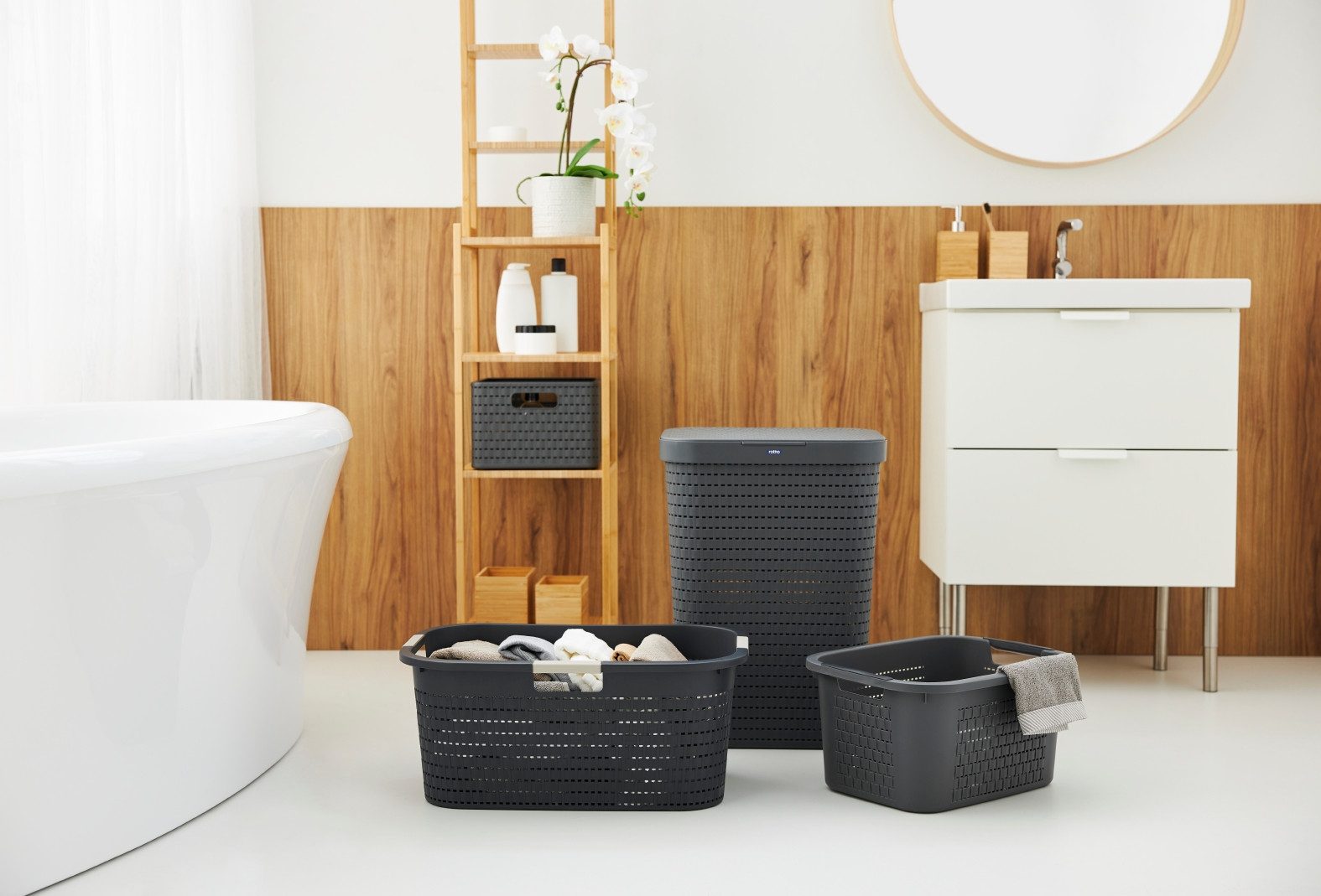 ROTHO Wäschekorb Wäschebox 40L COUNTRY, ergonomische Wäschebehälter mit Griffe, Rattan-Oberfläche ermöglicht Luftzirkulation im Korb – Bild 4 von 5