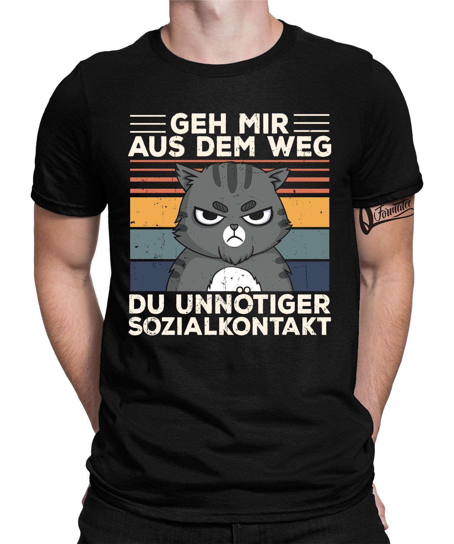 Herren Formatee Schwarz - Quattro Kurzarmshirt Unnötiger Spruch Statement (1-tlg) Lustiger Katze Sozialkontakt T-Shi