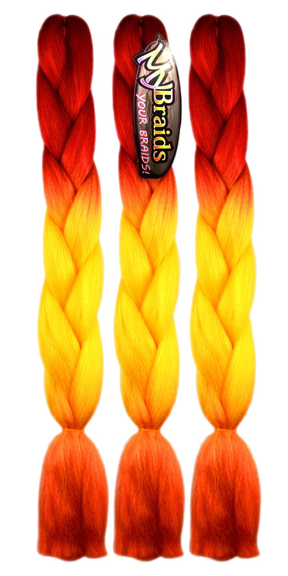 3-farbig 3er Kunsthaar-Extension MyBraids 31-CY Zöpfe Flechthaar YOUR BRAIDS! im Braids Rubinrot-Sonnengelb-Orange Jumbo Pack
