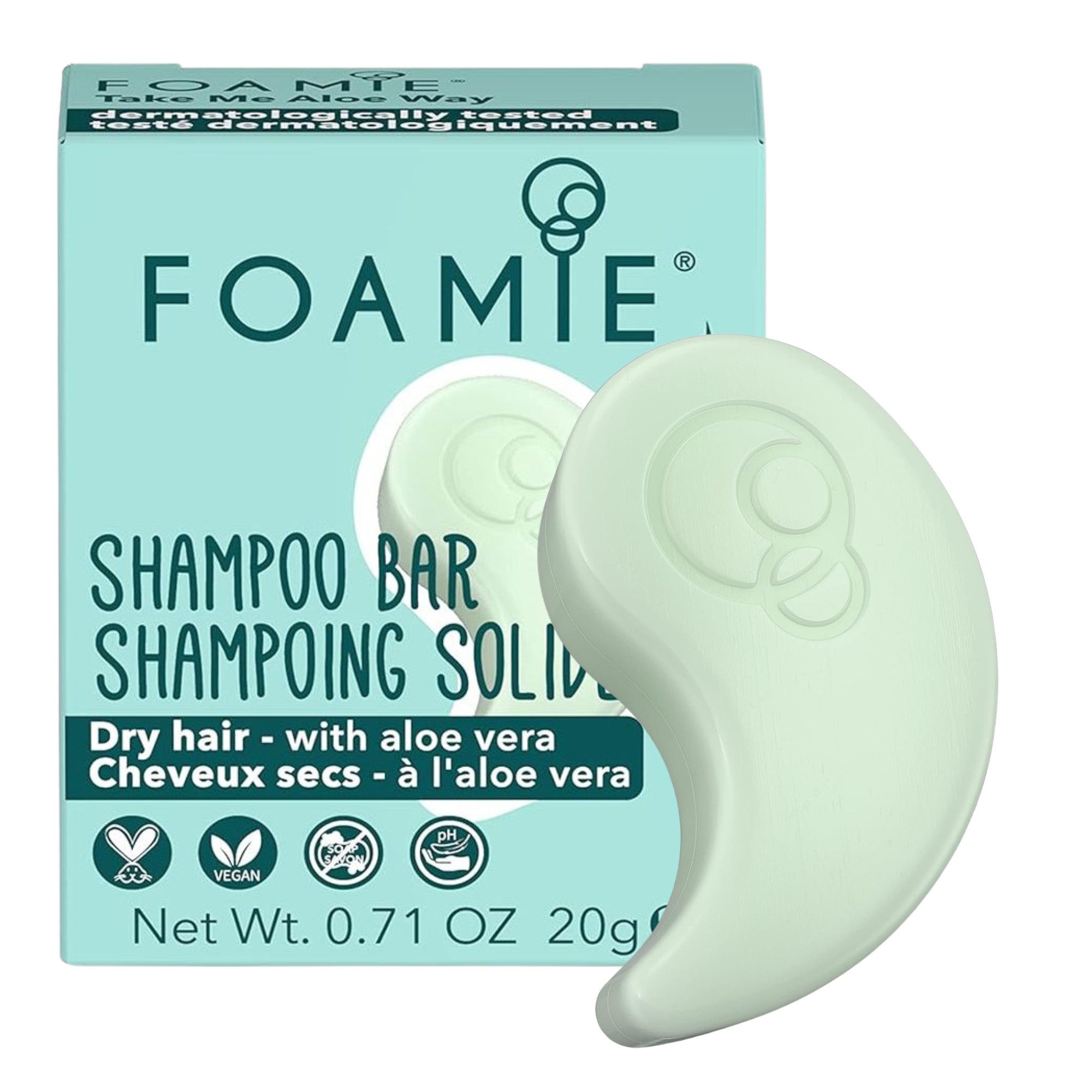 FOAMIE Festes Haarshampoo Foamie Festes Shampoo Reisegröße - Aloe Vera, trockenes Haar, 2x20 g, Vegan, Tierversuchsfrei, ohne Silikone, Parabene, Sulfate