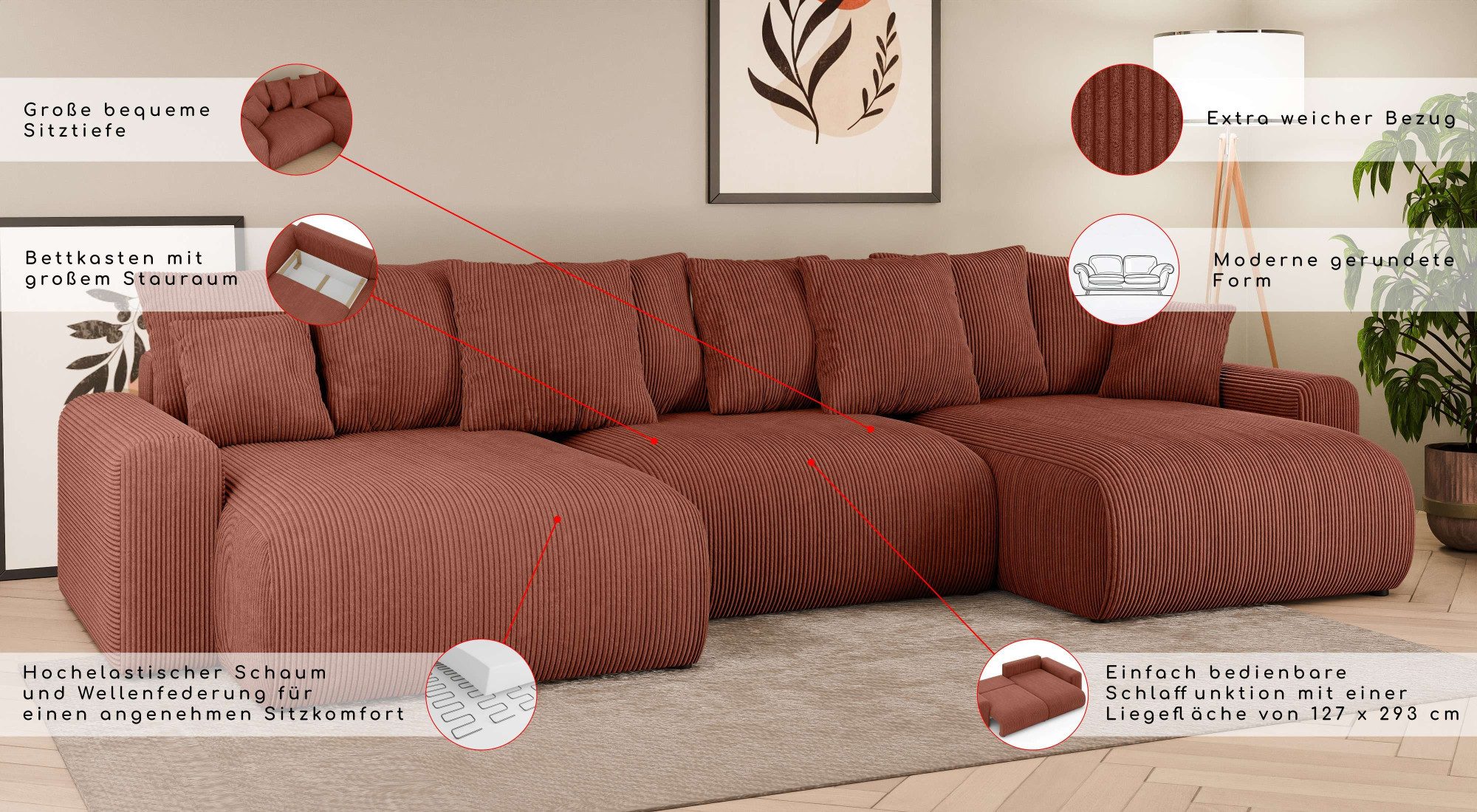 Home affaire Wohnlandschaft LAKESIDE mit Bettfunktion und Bettkasten, Maße B/T/H: 332,5/142/84 cm, U‑Form mit vielen Kissen und Wellenunterfederung