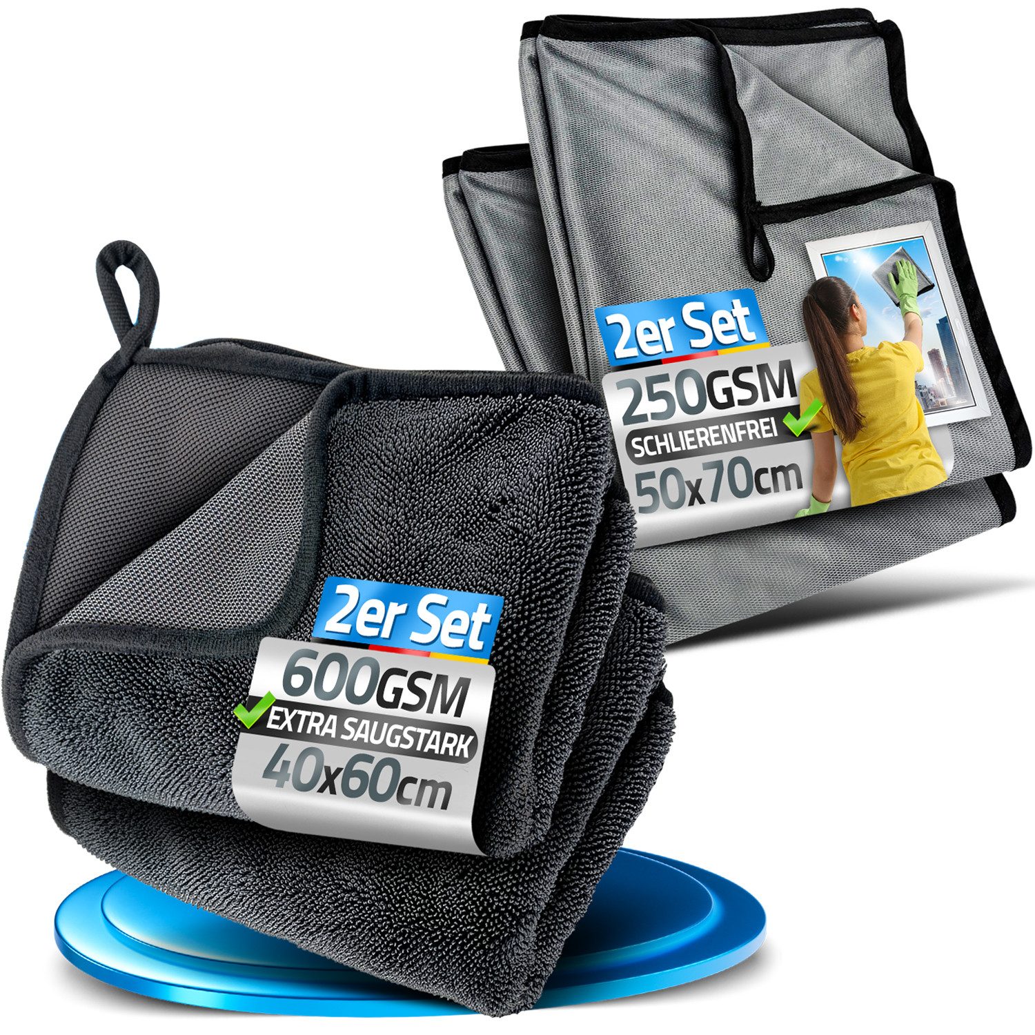 Loco Bird Trockentuch Dusche 600GSM + Spiegeltuch für streifenfrei Glanz Mikrofasertuch (Spar-Set, 4-tlg., Trockentuch 40x60cm - Fensterputztücher 50x70cm)