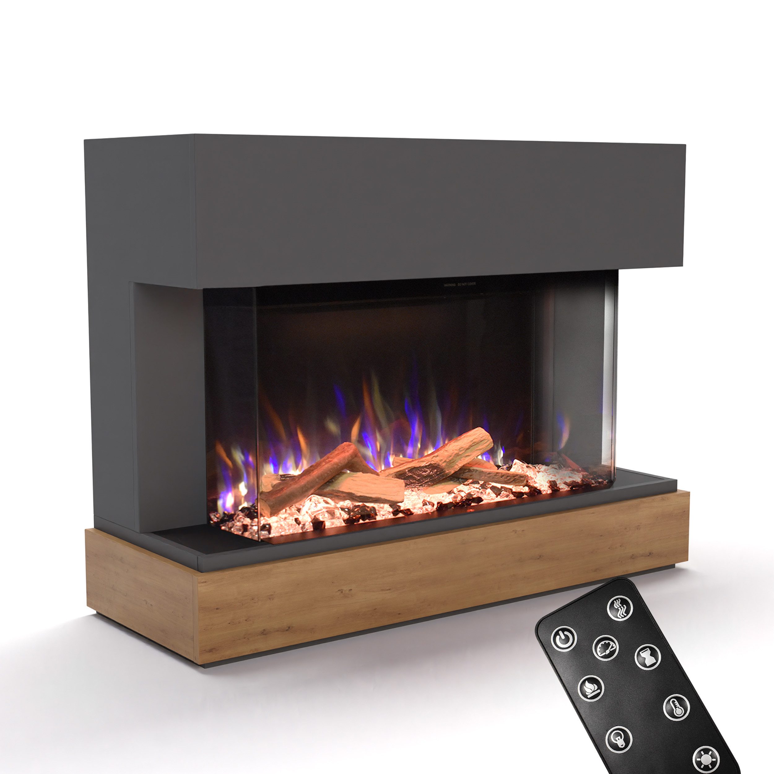 GLOW FIRE Elektrokamin Curie E-Motion 3D, Elektrischer Kamin mit 3D Feuer mit Heizung, täuschend echte Flamme mit Heizung, 3 Dekorationen